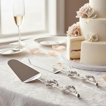GUTE 2 Piece leaf twig Cake Server Cake Knife and Serving Spatula Set Gold Leaf Design, Stainless Steel and Brass Two Tone Ideal for Weddings, Partys, Elegant Events Silver