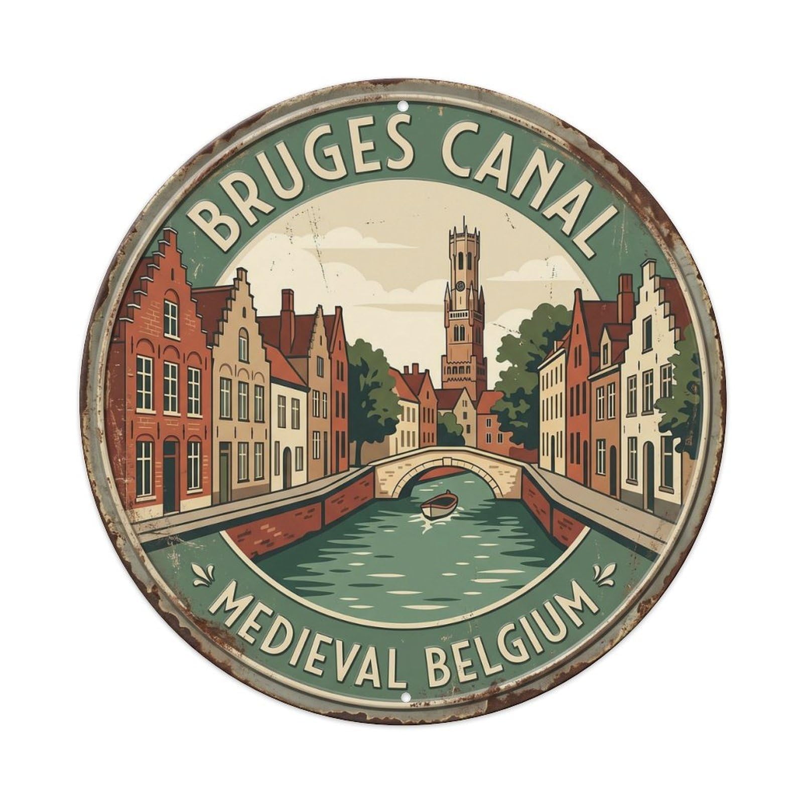 Bruges Canal Medieval Belgium Waterway Metal Tin Sign Plaque Wall Decor for Cafe, Club, Garden Round Metal Poster 8x8Inch