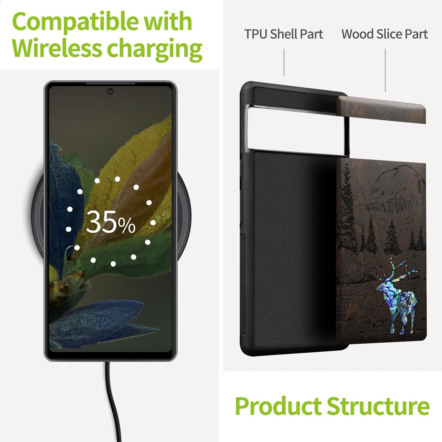 Carveit Designer Wooden Case for Google Pixel 8 Case Protective Cover [Wood Engraving & Shell Inlay] Compatible with Wireless Chargers Pixel 8 (Forest Deer-Blackwood)
