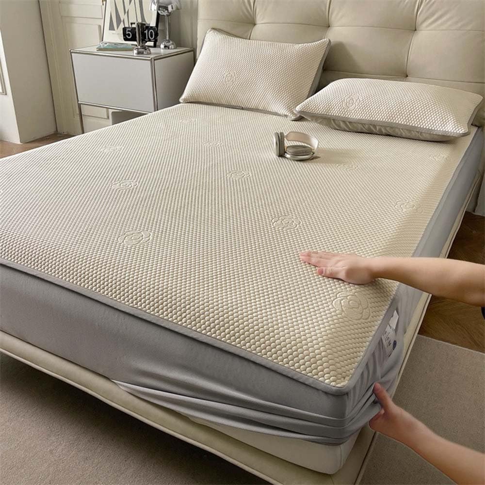 Protège-Matelas Ensemble de Housses de Matelas et de taies d'oreiller rafraîchissantes Drap-Housse matelassé Respirant en Soie de Glace Housse (D,200x220cm)