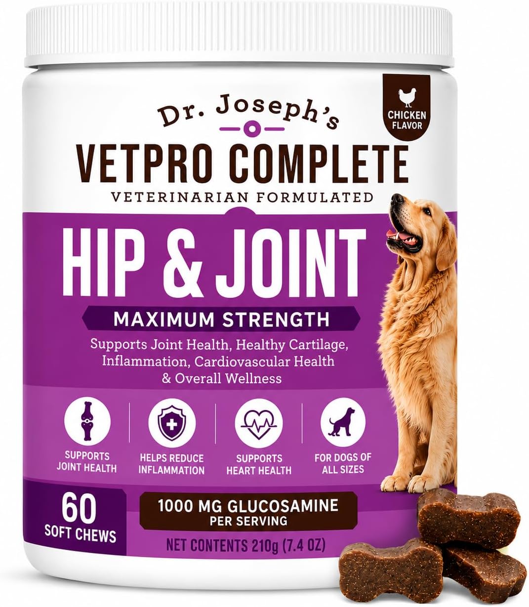 Dr. Joseph's VetPro Complete Dog Hip & Joint Wellness Supplement โ High-Strength Glucosamine, MSM, Omega & Chondroitin Chews and Breeds โ Vet Formulated Chicken Dog Treat - 60 Count