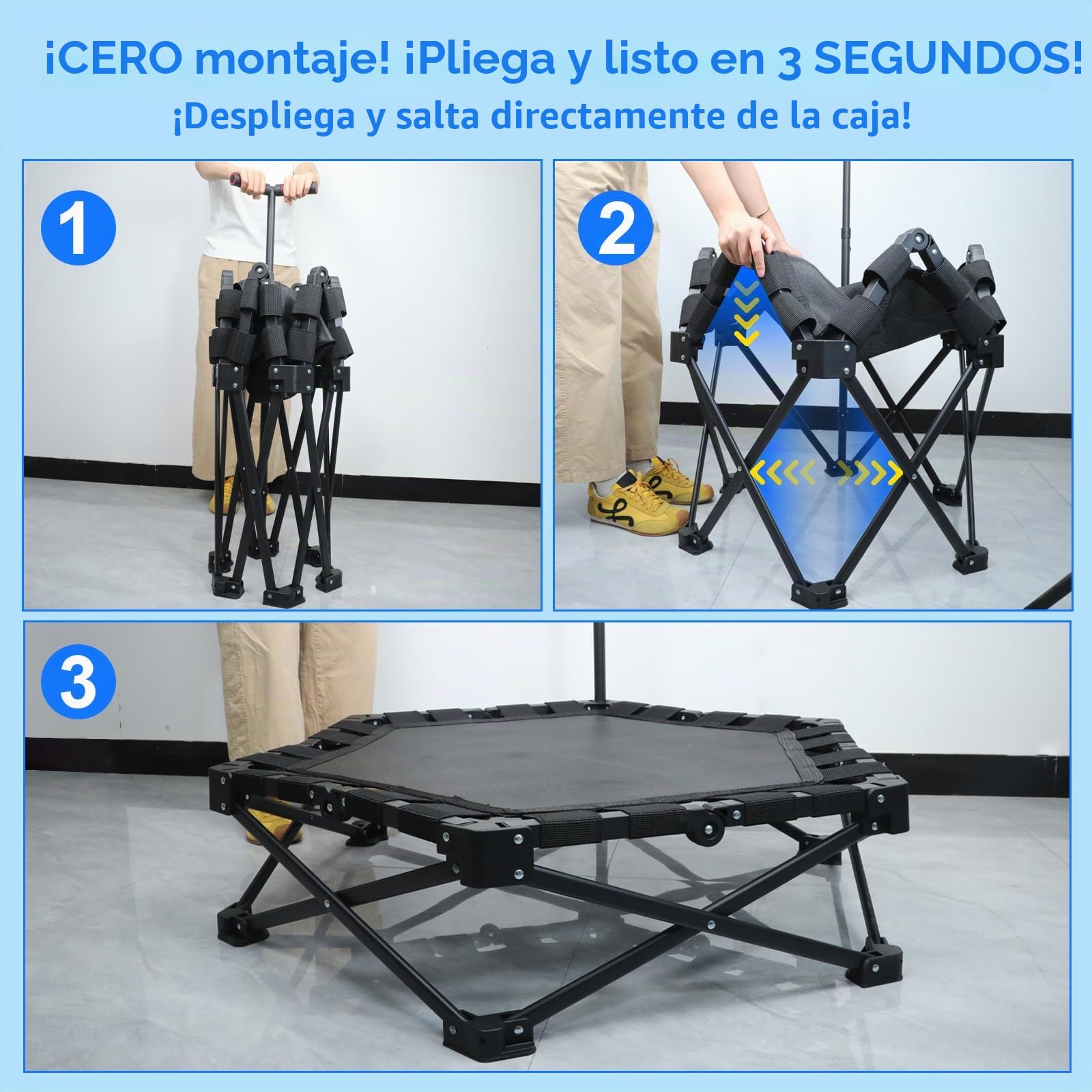 Trampolin de Fitness Plegable, Mini Cama Elastica para Interior 106 cm con Barra Ajustable en 3 Alturas, Estructura en X Extra Resistente Soporte Máximo 275 kg