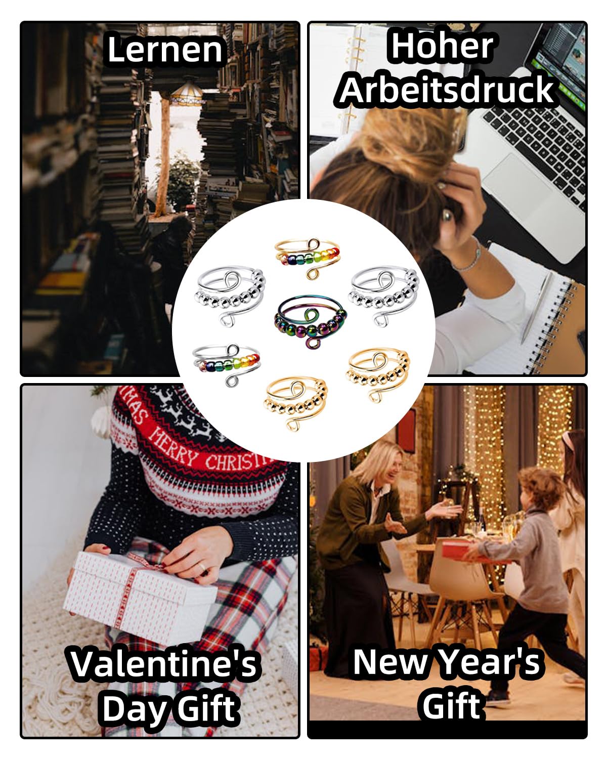 Pack de 7 anillos antiestrés ajustables, alivio de la ansiedad y anillo antiestrés colorido, juego de anillos de ansiedad, hilado de ansiedad con cuentas, spinner abierto para mujeres