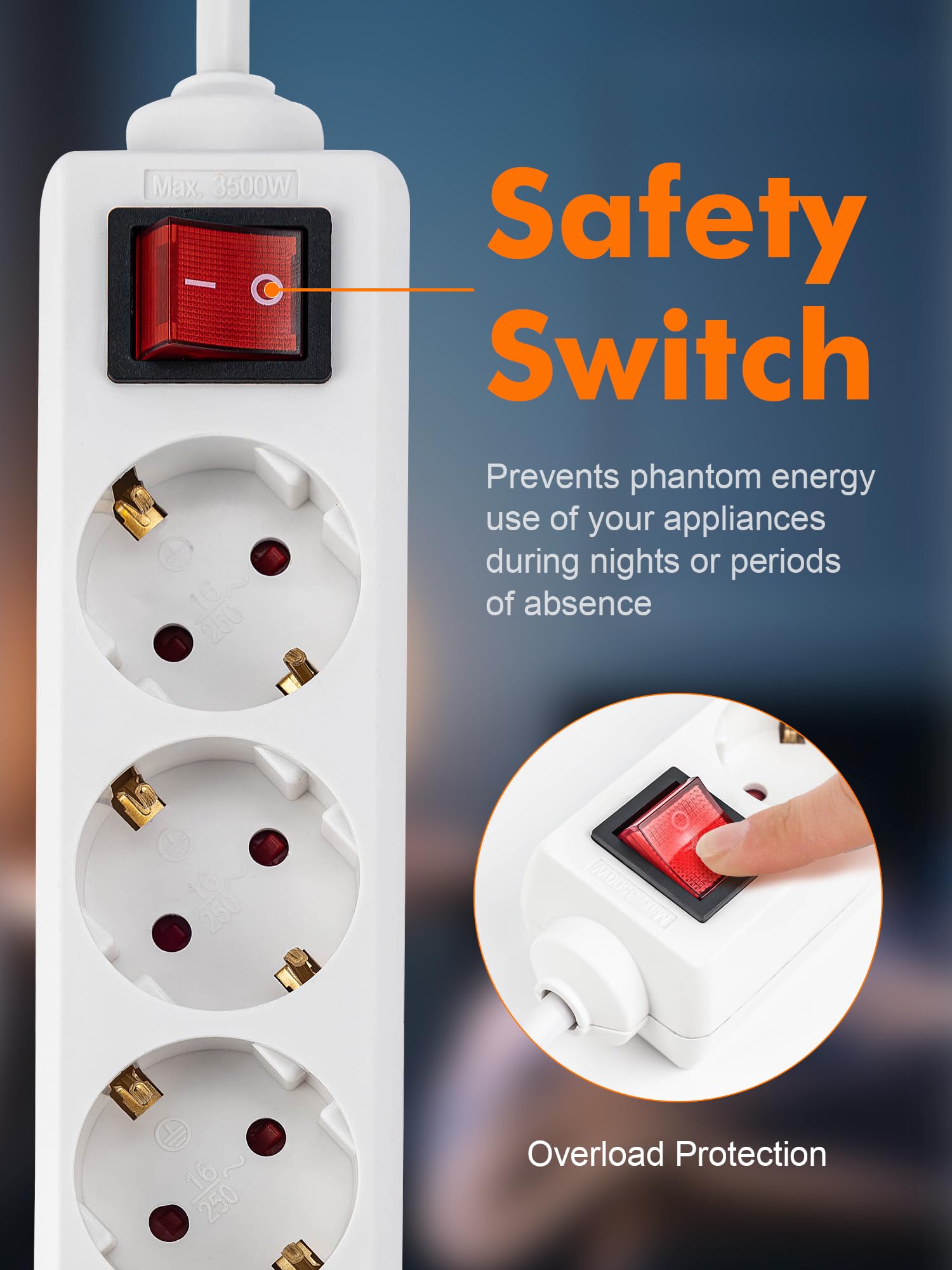 GRIFEMA Regleta Enchufes con 4 Tomas y Interruptor, 3500 W, 16 A, 1,5 m, Blanco, Protección Infantil, Orientación a 45 Grados, Evita Consumos Fantasma — view 5