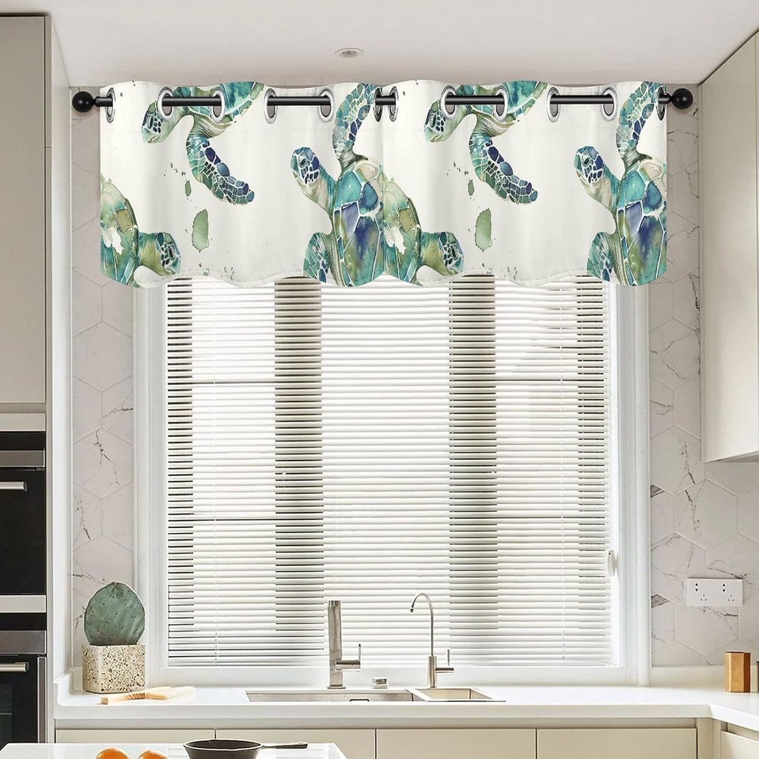 Green Sea Turtle Valance for Windows, 2 Pack Kitchen Curtains Modern Home Decor, Soft Blackout Window Curtains for Living Room & Bedroom, 18 X 52 Inch