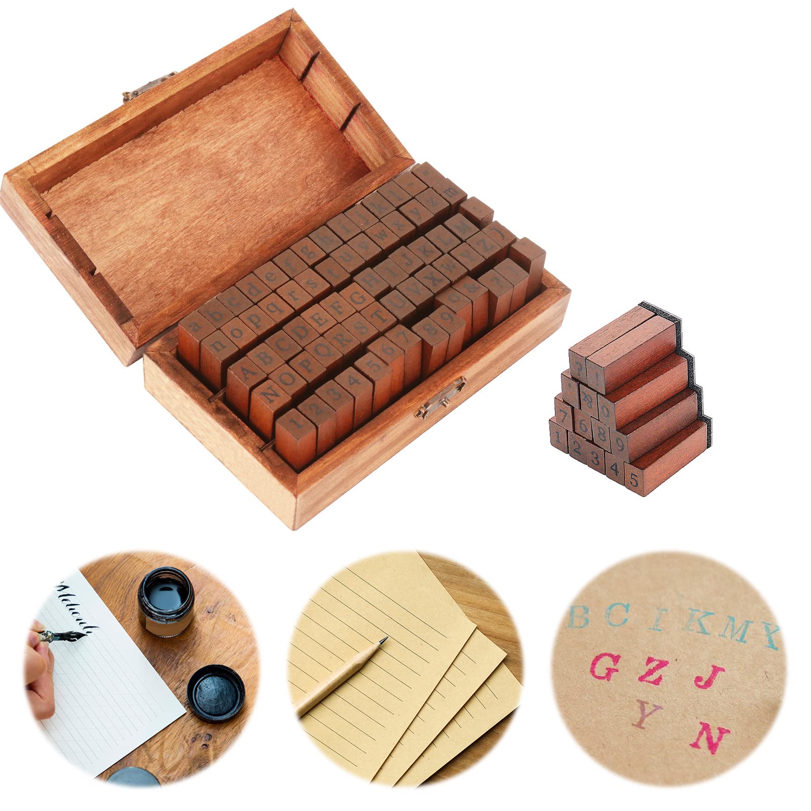 70 sellos de letras del alfabeto, juego de letras del alfabeto de goma de madera, números y símbolos, números y puntuación, kit de sellos de tinta multiusos con caja de almacenamiento, para