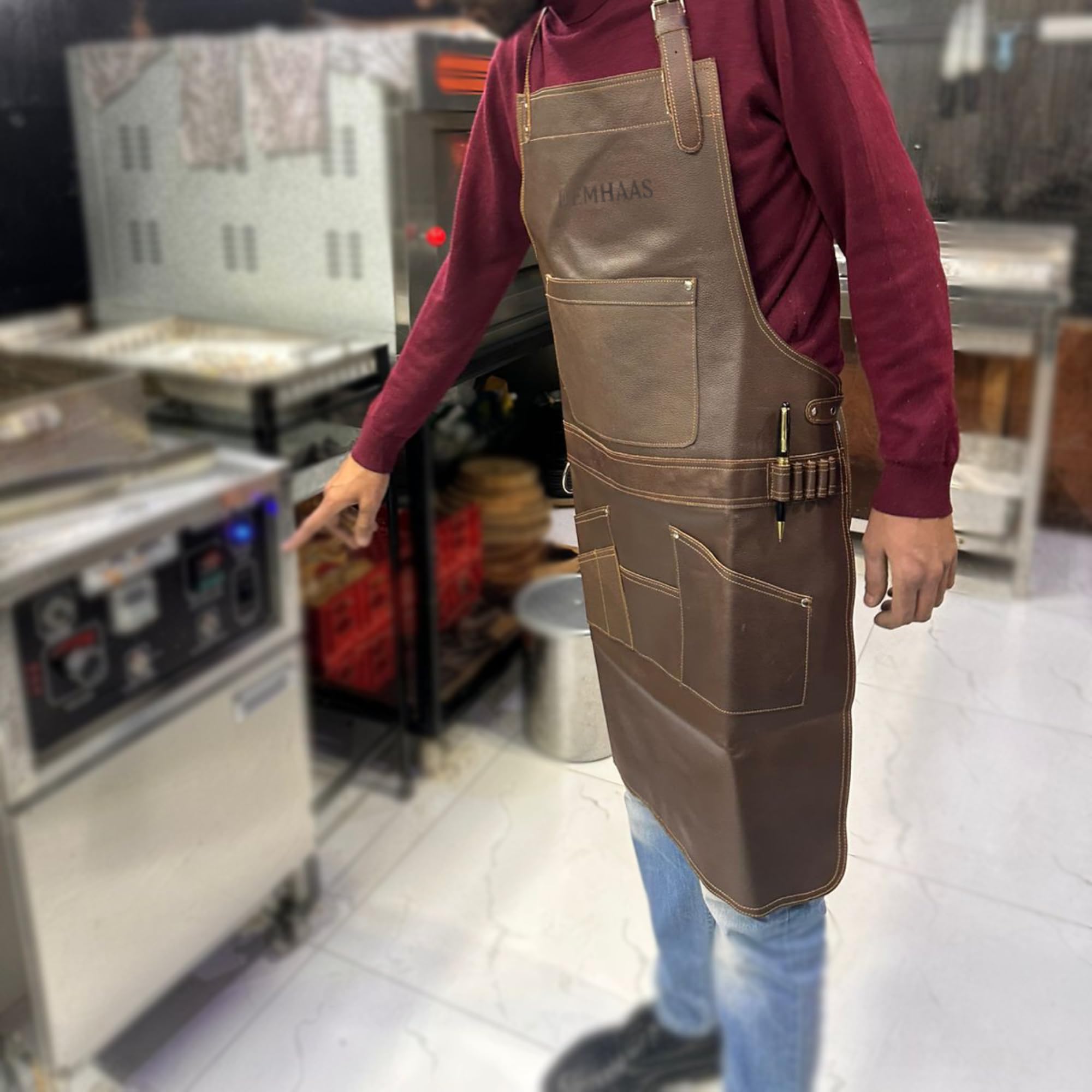 Grembiule da barbecue in vera pelle, realizzato a mano, da uomo, per barbecue, barbecue e cucina, con tasche, cinghie regolabili