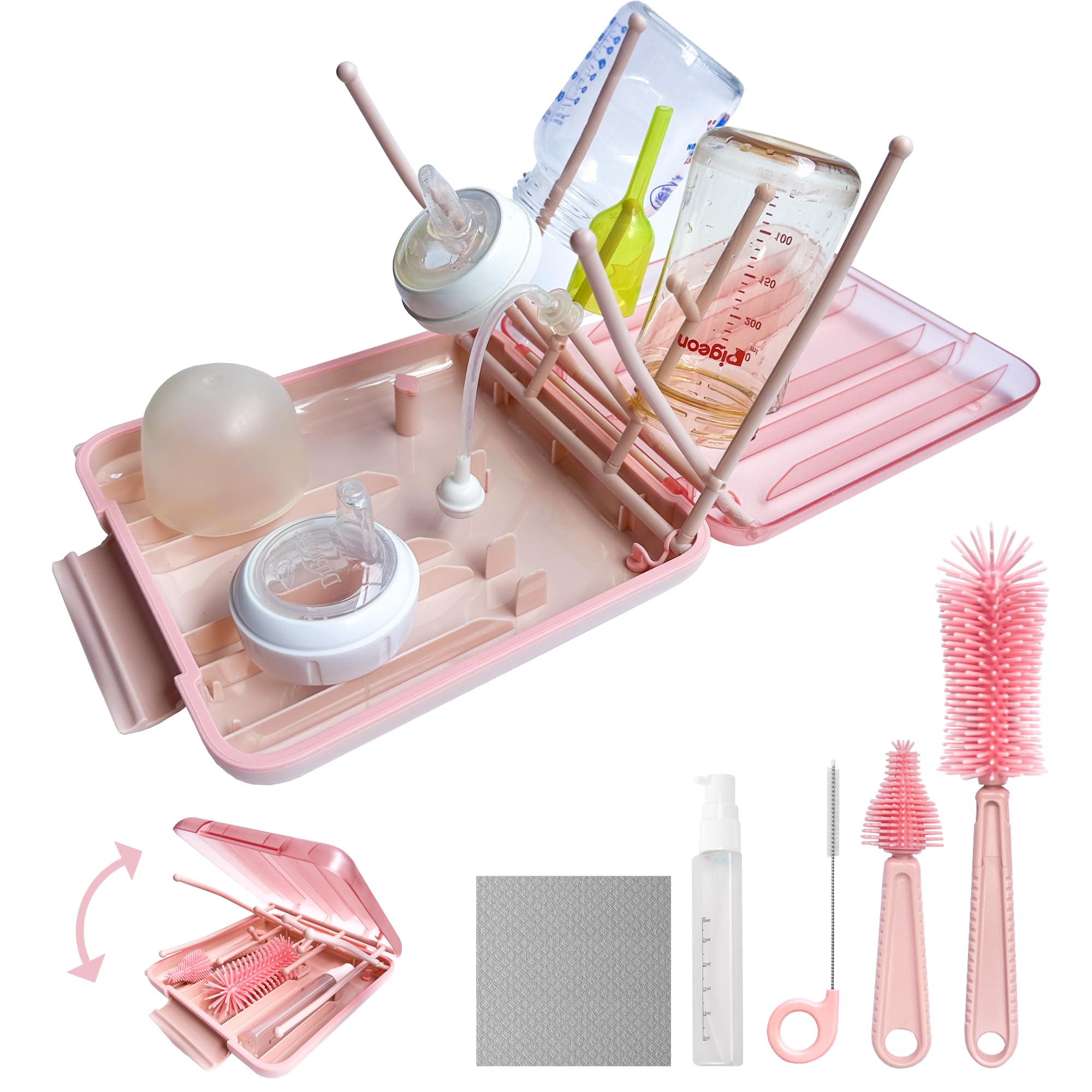 Baby Bottle Brush, 7 in 1 Travel Bottle Cleaner Kit with Silicone Bottle Brush, Nipple Brush, Straw Brush, Soap Dispenser, Bottle Drying Rack,