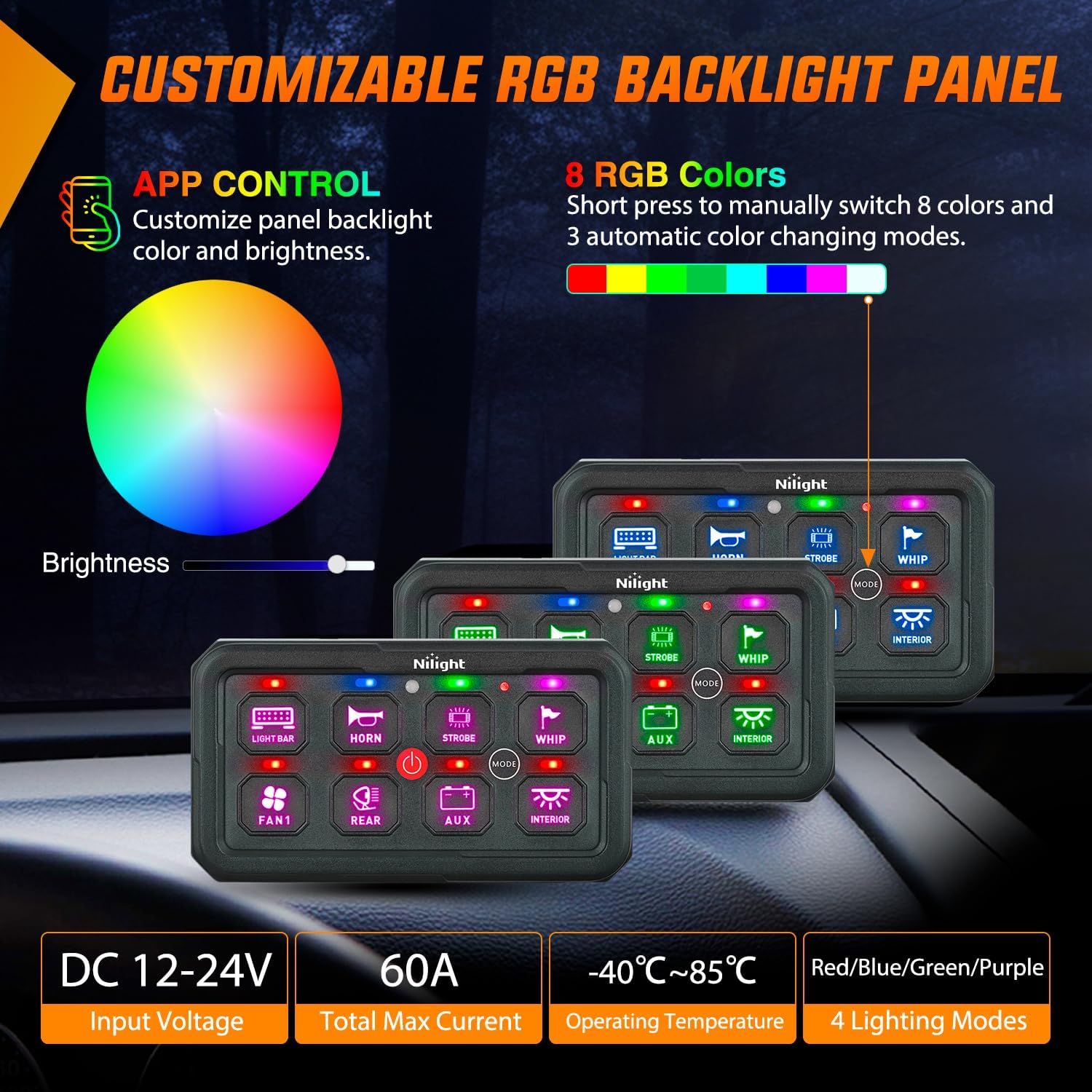 Nilight 8 Gang Switch Panel Circuit Control Relay System APP RGB Backlight Double Row Fuse Wiring Harness Toggle Momentary Strobe Flash Modes Automatic Dimmable 12V 24V for Car Truck Camper SUV