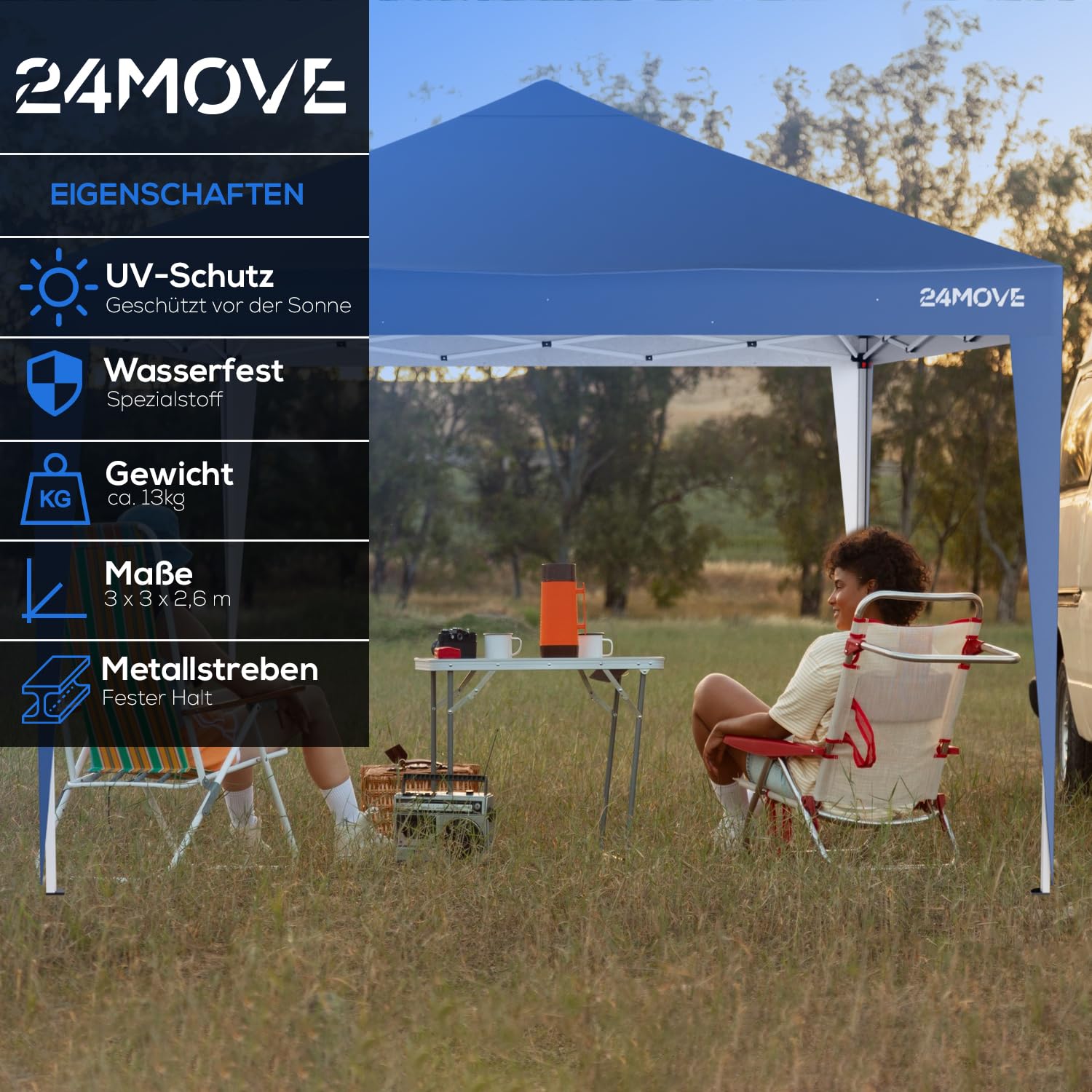 24MOVE® Pavillon Santos 3x3m Pop-Up UV-Schutz 50+ Wasserdicht & Winterfest mit Tasche faltbar & stabil, für Camping & Garten Faltpavillon - Partyzelt Blau