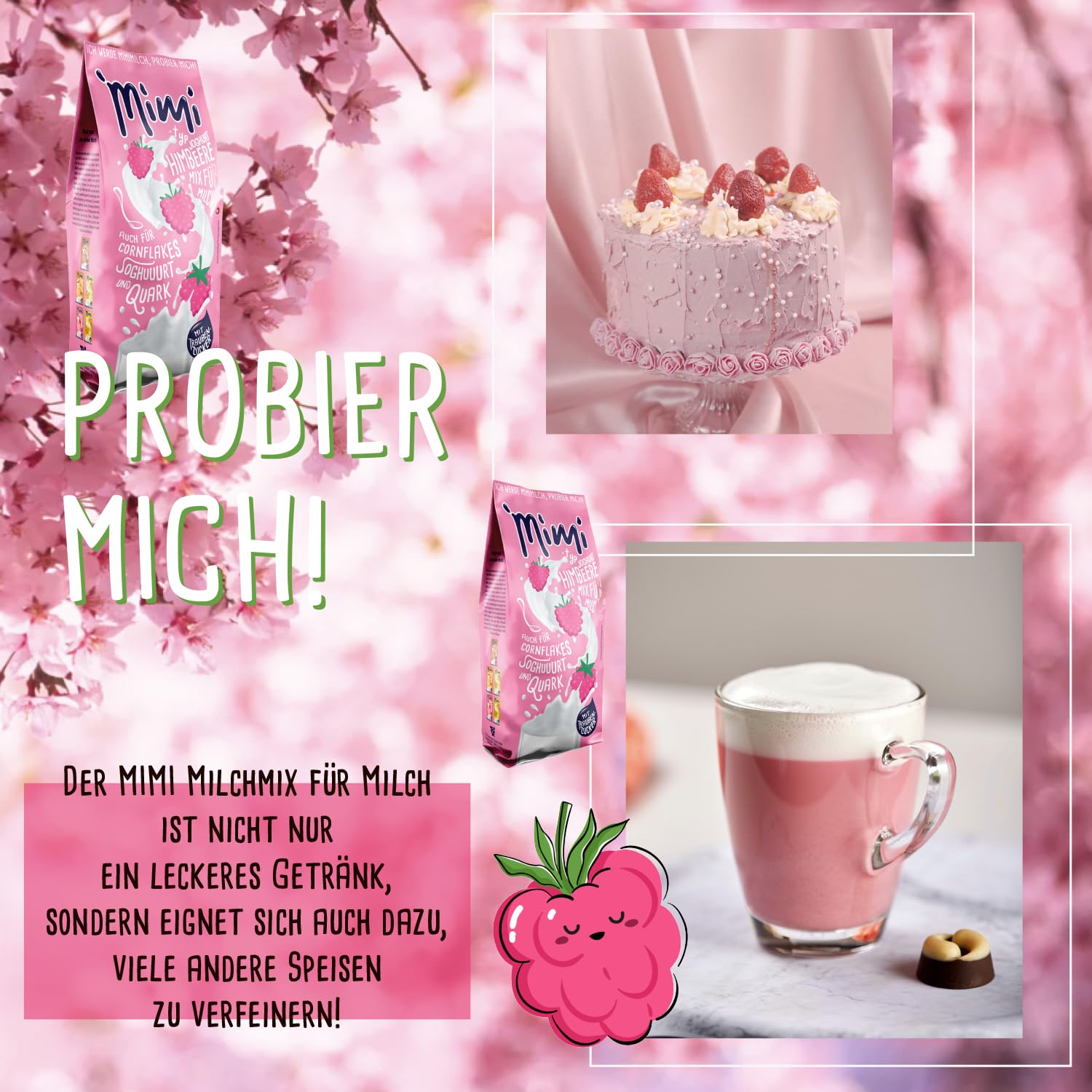 Mimi Milk Mix Yogur Frambuesa Bebida Polvo 24 x 400 g - Pack de Almacenamiento - Polvo de bebida soluble en leche con sabor a fresa - Soluble en frío y caliente - Ideal para ocio, oficina, familia