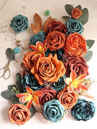 Miniatura 6 de 30 rosas artificiales de aspecto real con tallo para ramos de boda, centros de mesa, fiestas, baby shower, decoración del hogar (naranja tostado)