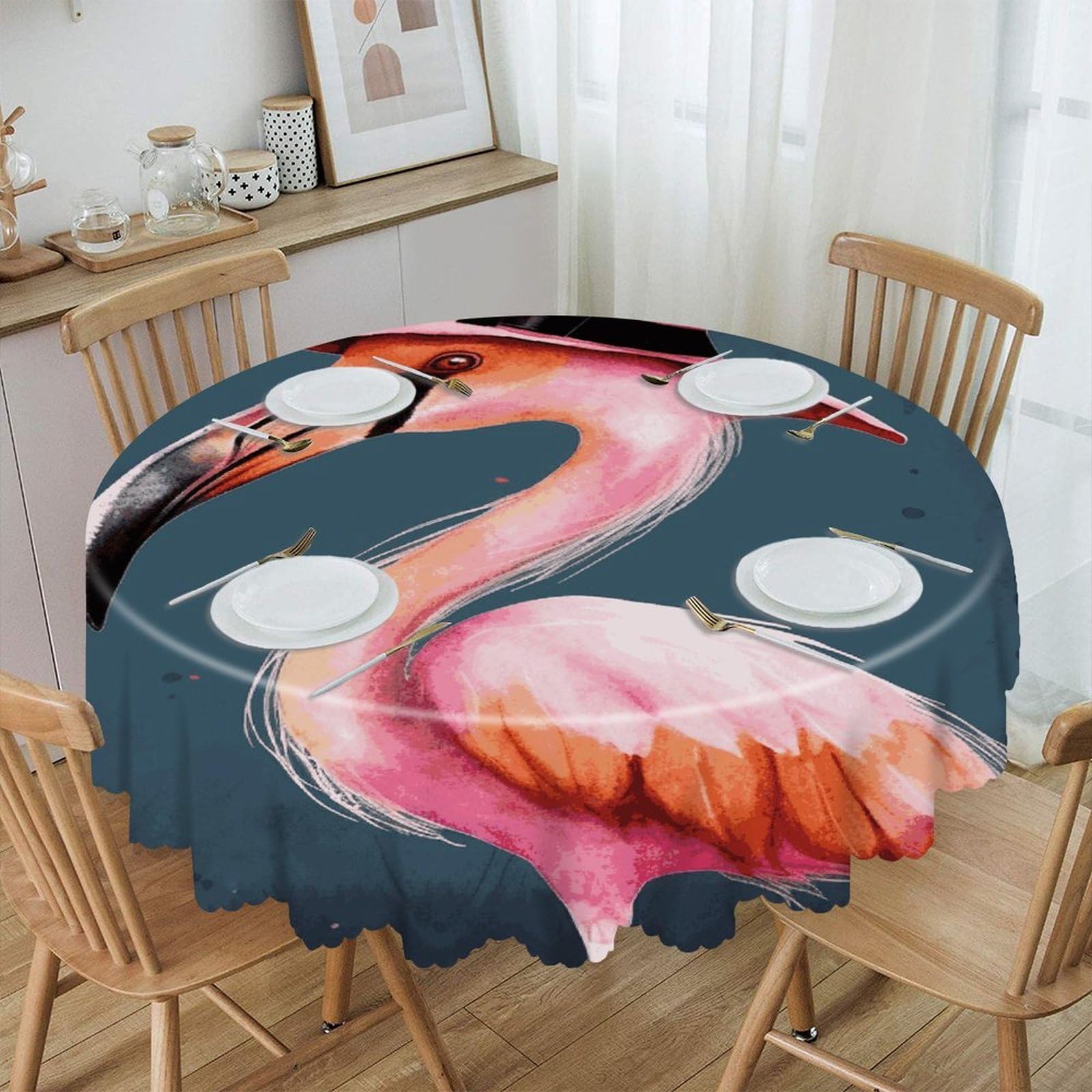 Btcowzrv Style Halloween Flamingo Witch Hat Polyester Round Tablecloth 59.84 Inch, Decorative Washable Table Cover, Table Cloth For Restaurant Picnic Indoor And Outdoor Dining