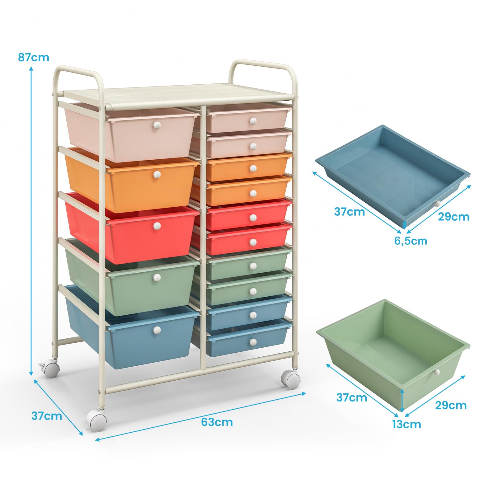 COSTWAY Rollwagen mit 15 stapelbaren Schubladen, Schubladenwagen Rollcontainer mit Metallgestell und Ablagefläche, Badrollwagen Aufbewahrungswagen für Büro, Wohnzimmer, 63 x 37 x 87 cm