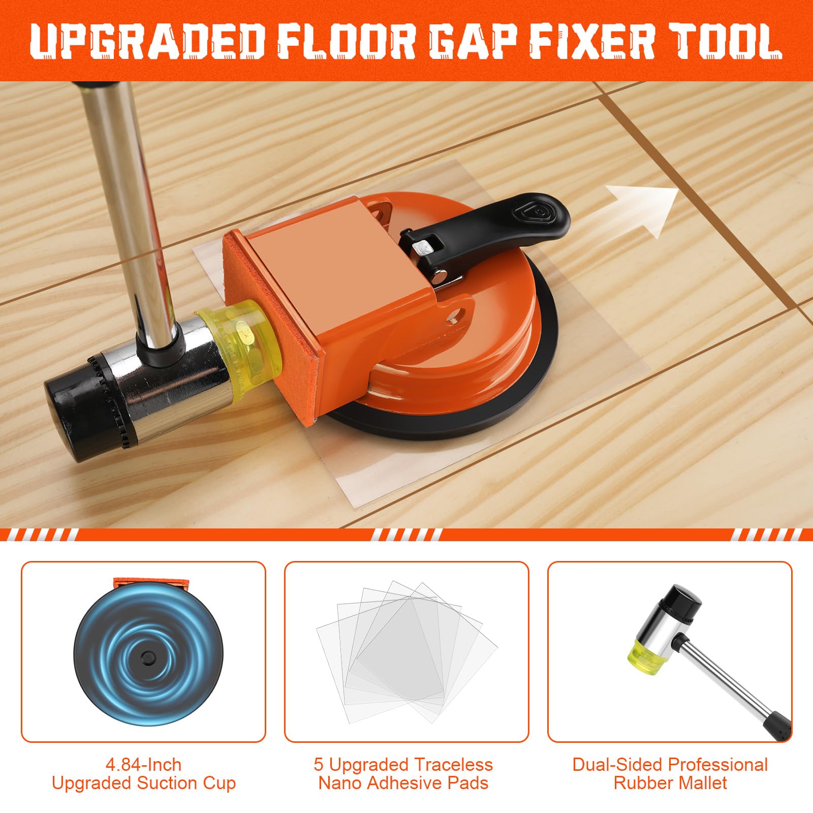 Floor Gap Fixer Tool Kit to Close Floor Gaps, Suction Cup Gap Puller with 5 Reusable Sticky Pads & Rubber Mallet, Heavy Duty Repair Tool, Laminate Flooring Tools, Vinyl Floor Repair Kit, Gap Tool - 5