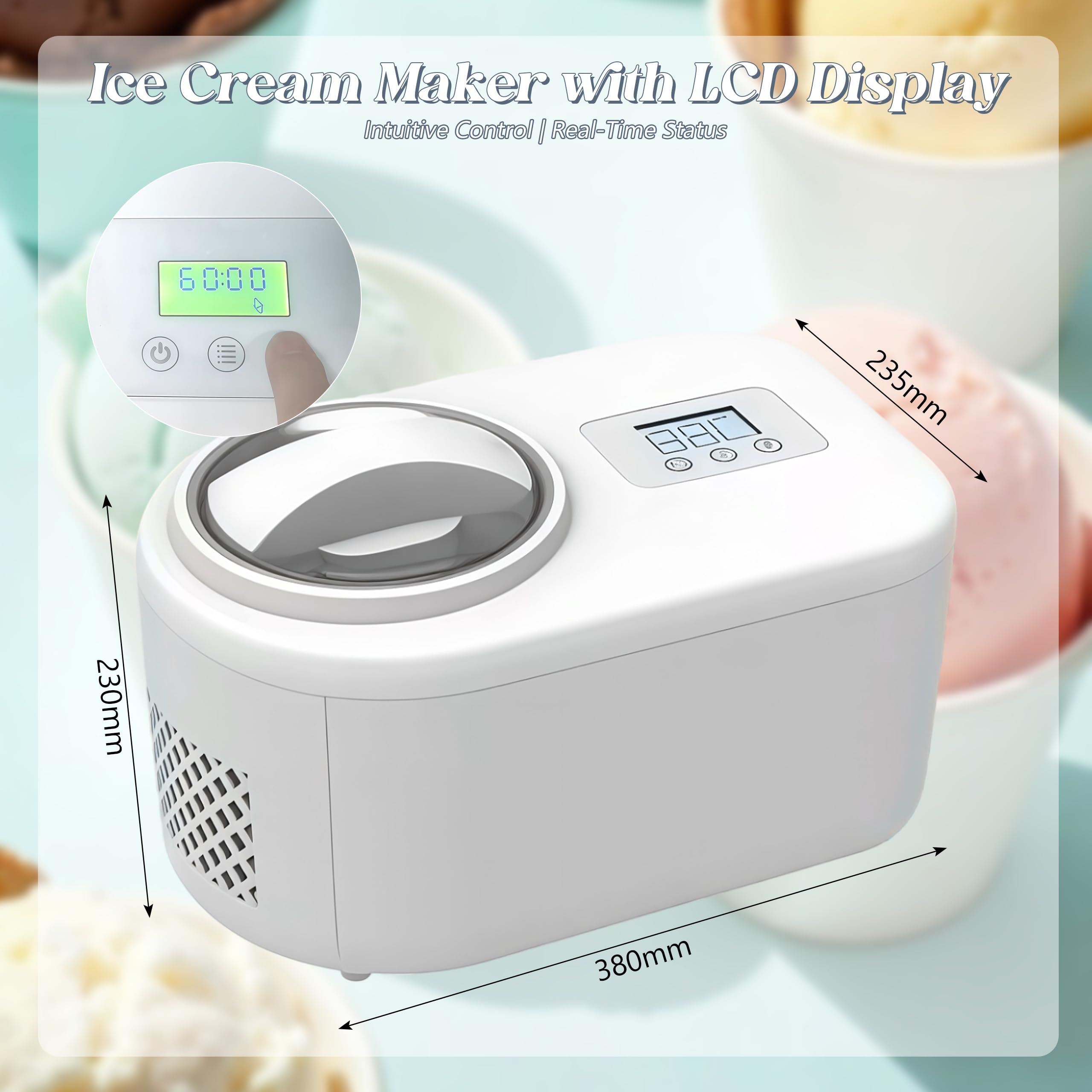 Eismaschine, Eiscremebereiter mit Kompressor 100 W, 1 L Kleine Speiseeismaschine, entnehmbarem Eisbehälter, Eiscreme-Maschine für Eis Frozen Joghurt, Sorbet & Eiscreme, Automatischer Betrieb