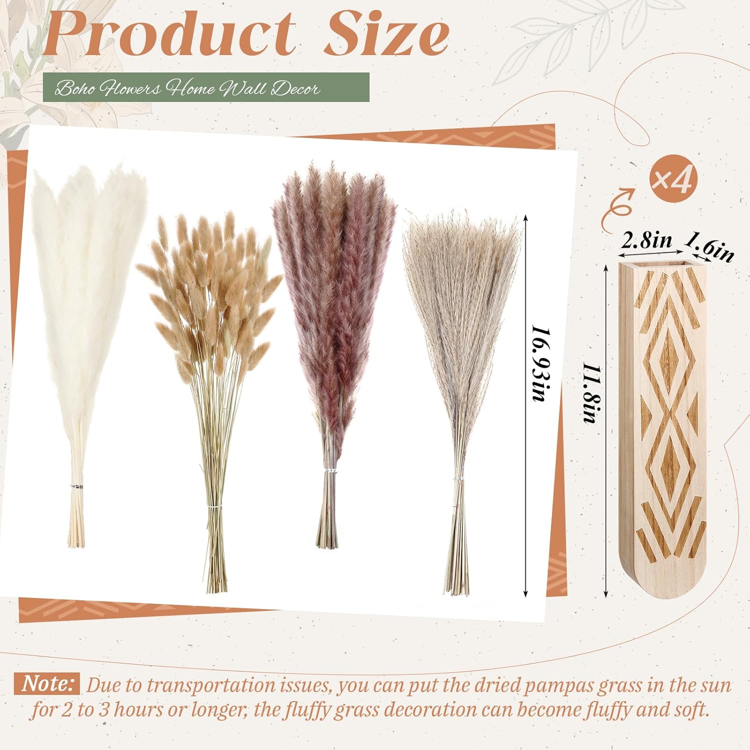 4 Pack Wooden Wall Planter with 110 Pampas Grass Modern Boho Wall Decor for Living Room Bedroom Bathroom Entryway, Farmhouse Rustic Art Vase for Dried Flower Faux Plant Home Office Decor