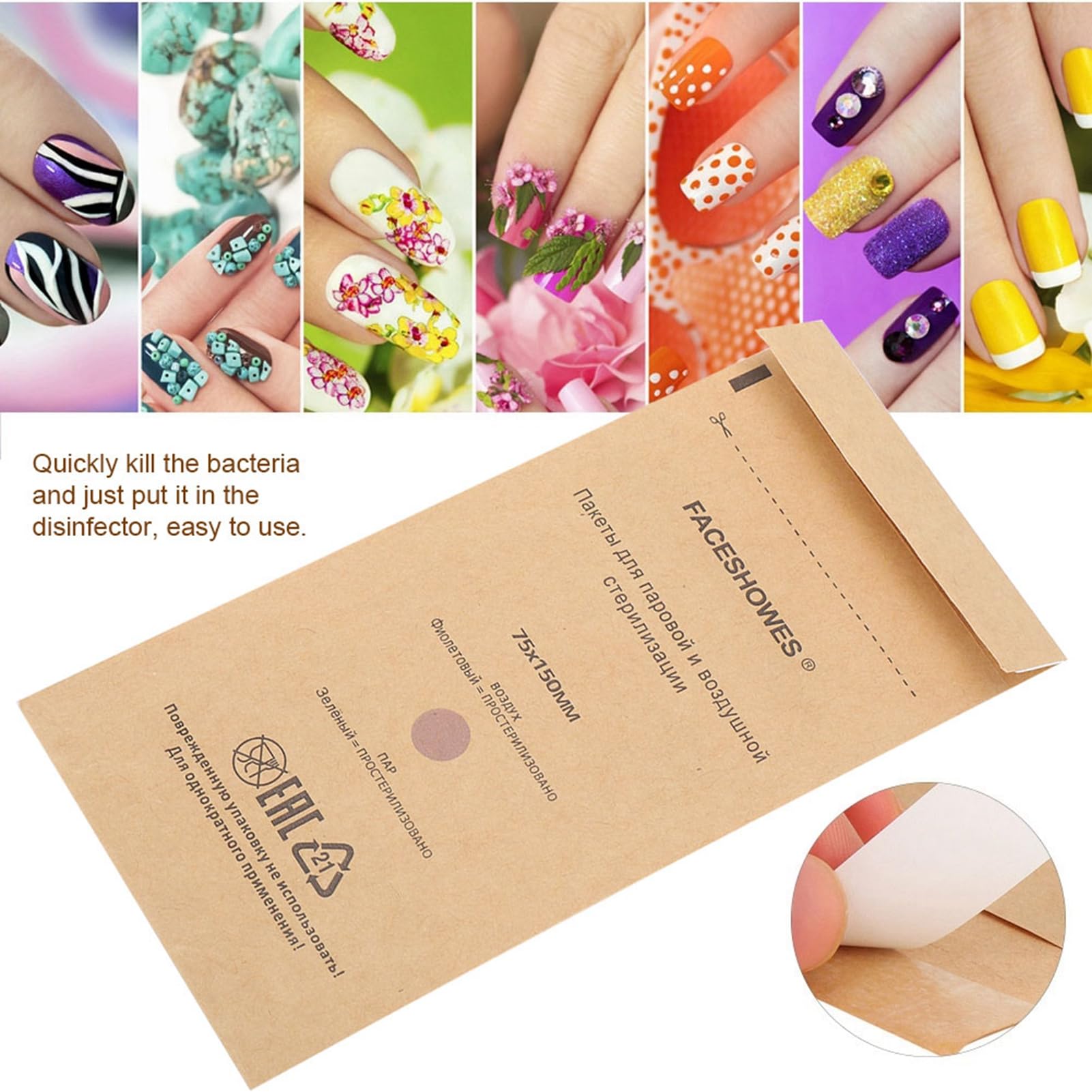 Sterilisationsbeutel, Sterilisation Tasche, Einweg Nagelzubehör Einweg Zubehör für Nagel Sterilisatoren Desinfektionsmaschinen, für Kosmetika und Nagelwerkzeuge, 75 x 150 mm (100 Stück)