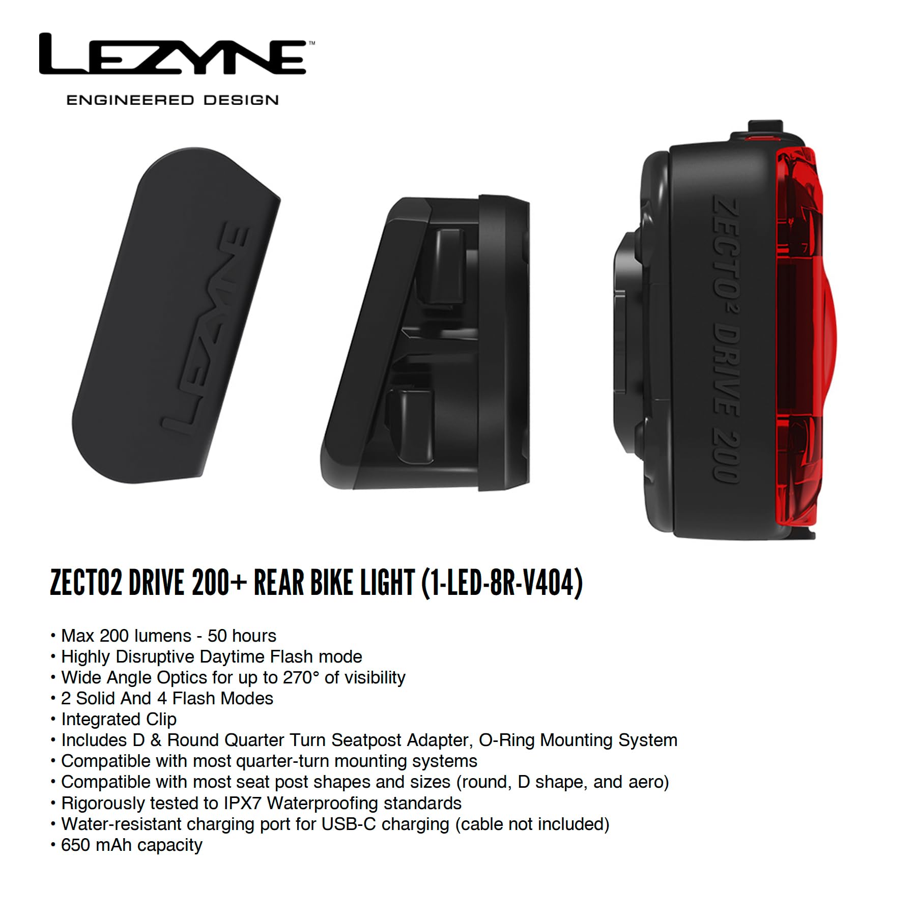 Amazon.com : LEZYNE Zecto2 Drive 200+ Rear Bicycle Light | 200