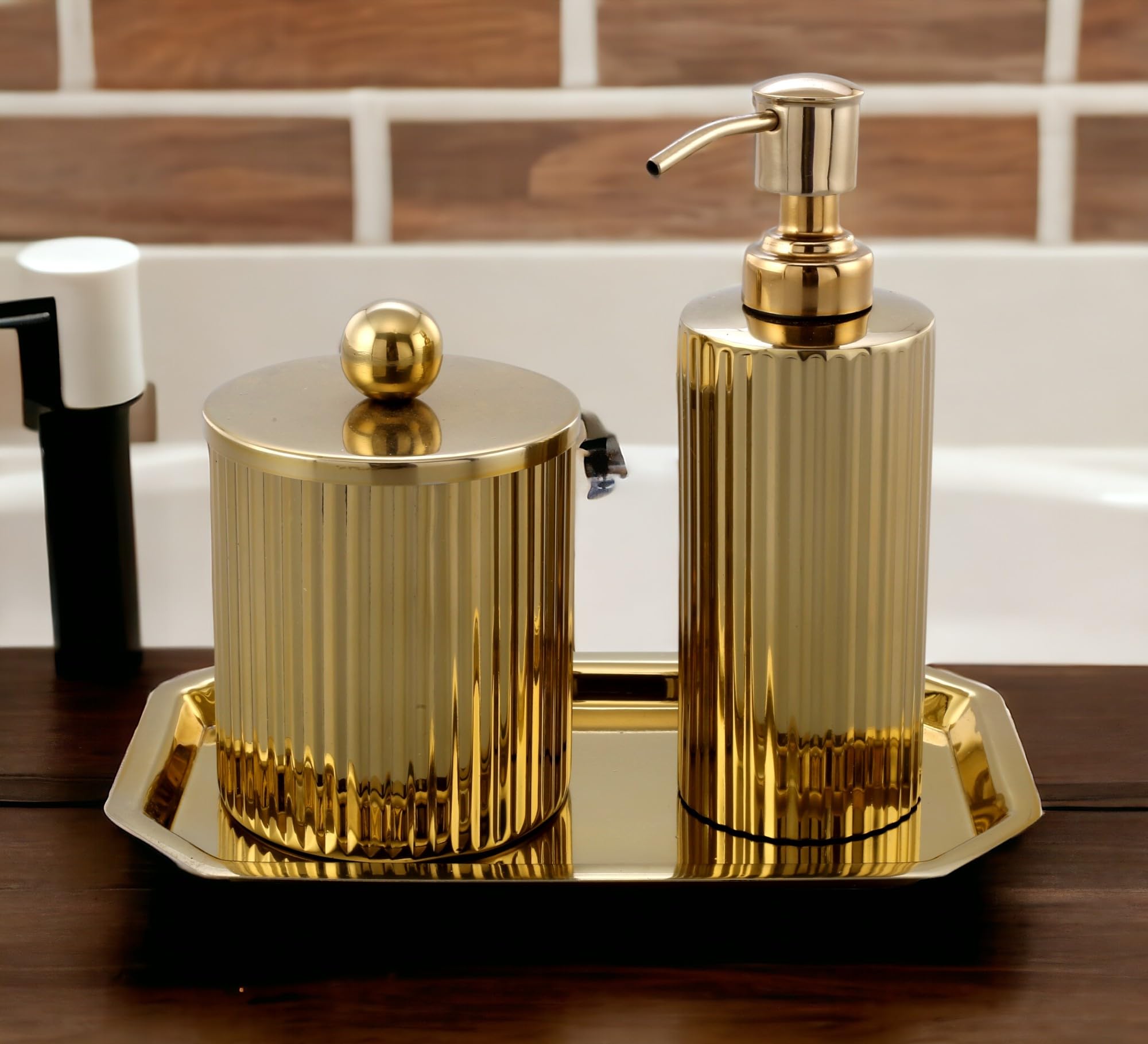 Vertical Ribbed Bath Set Soap Dispenser | Cotton Jar | Canister Set | Color- Gold Finish Crafted in India by GRD Intl (B0CBK512B9) Amazon Price History, Amazon Price Tracker