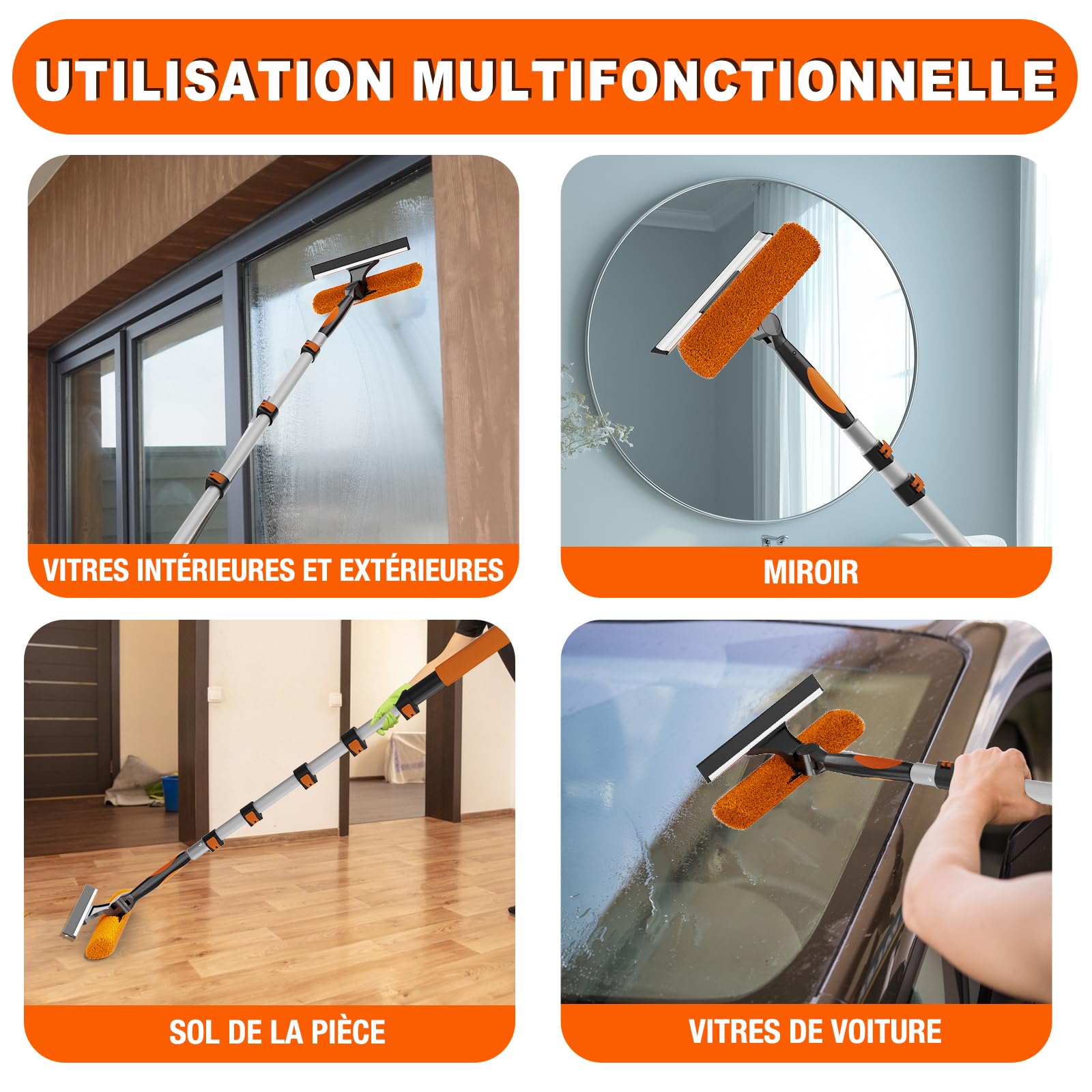 SISUPASSIE Raclette Vitre Télescopique 7,2m, 2-en-1 Kit Nettoyage Vitre avec Manche Télescopique, Raclette Vitre Professionnel pour Fenêtres en Hauteur, Nettoyage Domestique