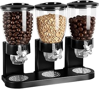 1 Pcs Triple Indispensable Dry Food Dispenser with Cup Black Cereal Storage Container 67oz Each Capacity for Kitchen Rice Nuts Cereal Snack Gumball Candy Dog Food