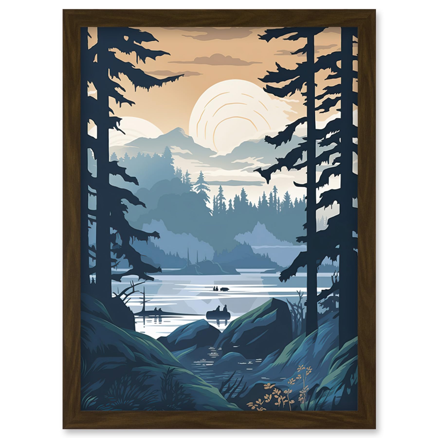 Artery8 Lake View in Rainforest Landscape Illustration Artwork Framed Wall Art Print A4