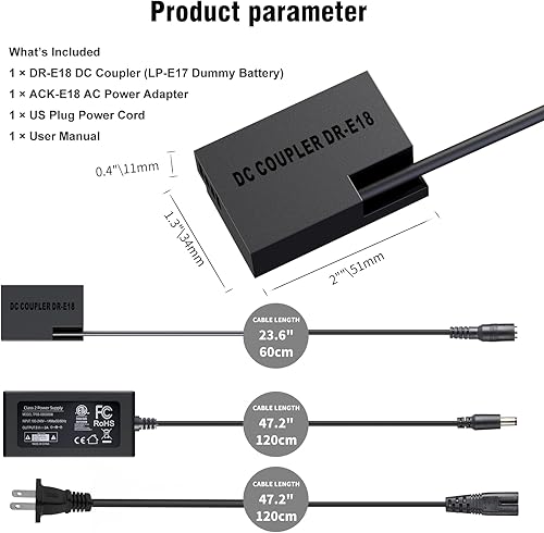 Miniatura 7 de F1TP for Canon R50 Dummy Battery ACK-E18 AC Power Supply Adapter DR-E18 DC Coupler Kit for Canon EOS Rebel R50 R100 RP T6i T7i SL2 SL3 RP R10 T6s