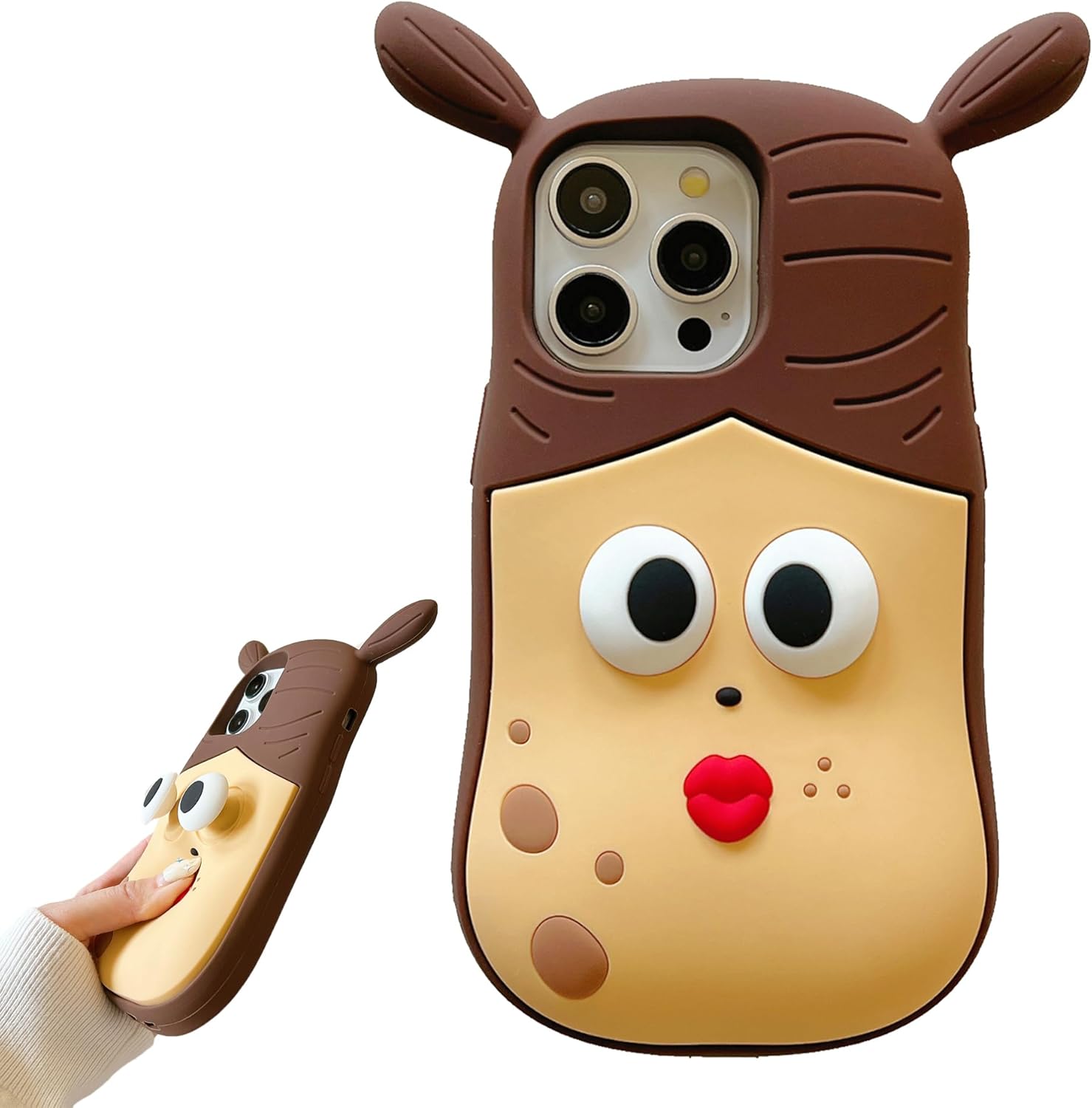 Funny Phone Case for iPhone 15 Full Body Protective Cover iPhone14 Pro Max Silicone Case Sausage Mouth Phone Case (Brown, Eyes (for 15pro/14pro/13pro))