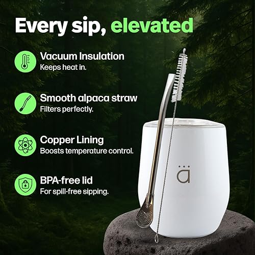 Vista 11 de Kalmateh Yerba Mate Gourd 8 oz, Double Wall Stainless Steel Mate Cup with BPA-Free Lid, Bombilla Filter Straw & Cleaning Brush, Perfect for Hot &