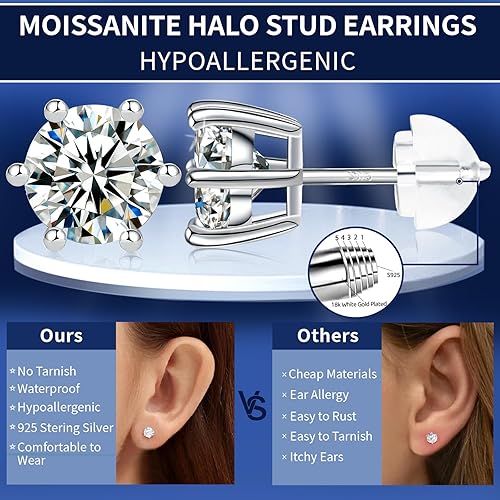 Vista 2 de RINEY&KY Aretes de moissanita Aretes de diamante de laboratorio para mujeres y hombres, aretes de moissanita, aretes de moissanita chapados en oro