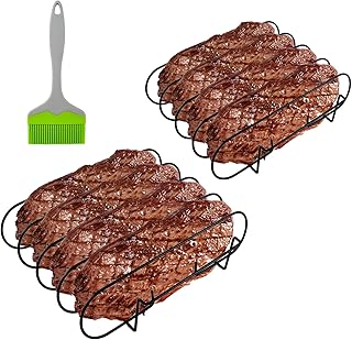 2 Rib Racks for Smoking with Large Silicone Basting Pastry Brushes for Cooking, 11in Black Grill Rack Non-Stick Porcelain-Coated Steel, Perfect for Grilling, Smoking, and Outdoor BBQ Set