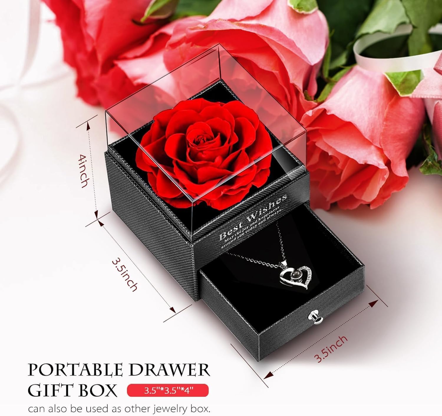 HENIRAG 1PCS Preserved Real Red Rose, Eternal Rose & Heart Necklace Eternal Rose Flowers Gift with I Love You in 100 Languages Romantic Gifts for Women Mom Wife Girlfriend on Anniversary Birthday(Red) 2