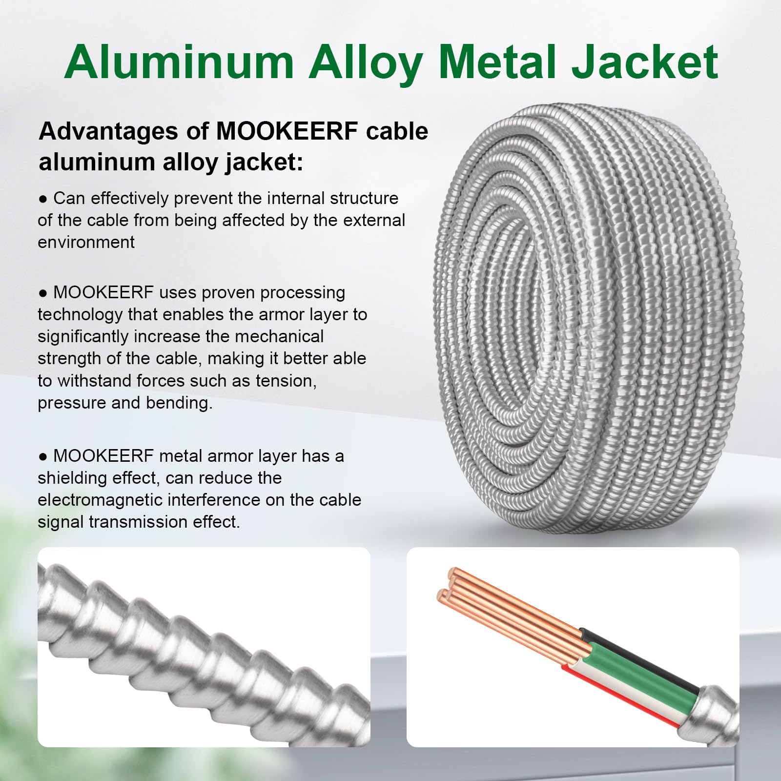 MOOKEERF Kabel MC 14/3 z uziemieniem, 250 m, czysta miedź 14AWG/3, platerowany metalem drut z aluminiowym pancerzem, 14 Gauge, 3-żyłowy, typ MC, kabel aluminiowy