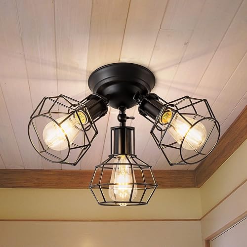 Lámpara de techo industrial negra semiempotrada vintage de 3 luces de jaula negra, lámpara de techo de montaje empotrado negro para cocina,