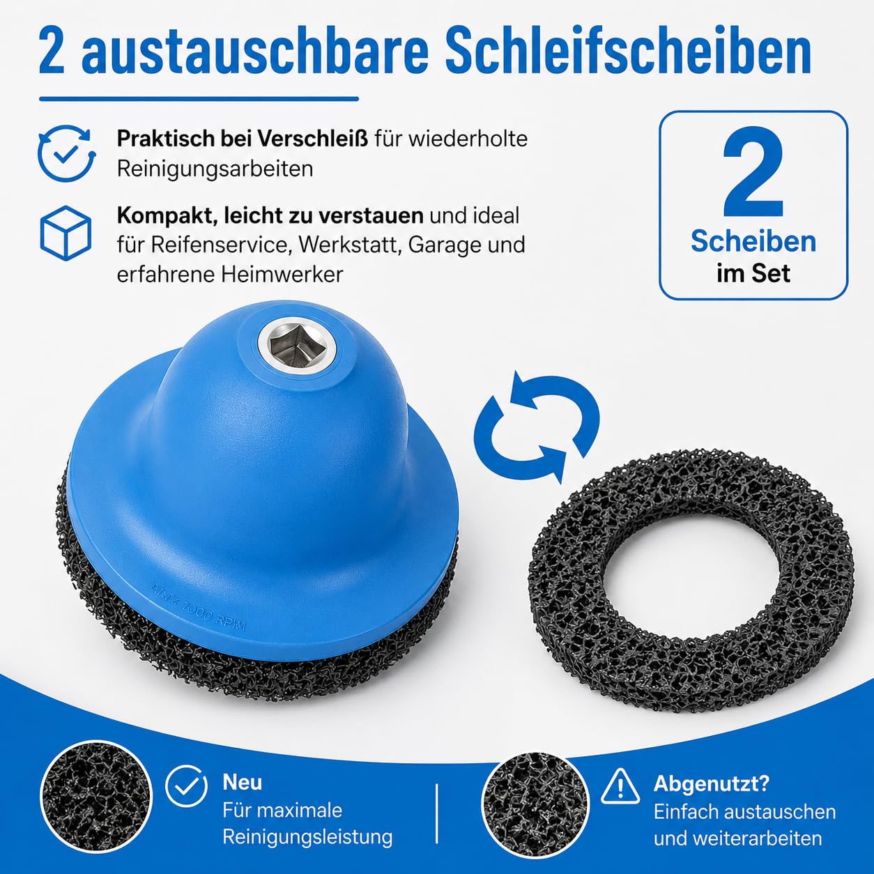 Radnabenschleifer Set 4-teilig, Radnabenreiniger KFZ Innen-Ø 90mm Außen-Ø 150mm mit 2 Schleifscheiben, 1/4 Zoll Sechskant-Adapter, Reinigungsteller für Felgenwechsel Rostentfernung, KFZ Werkstatt