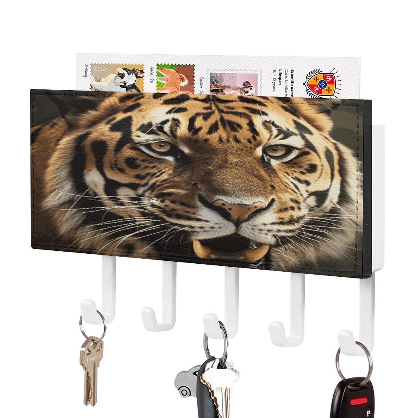 LDGSUPH Tiger Key Holder Wall Mount Key Hanger with 5 Hooks Fashion Key Organizer Rack Hanging Key Hooks with Mail Organizer Key Rack for Home Entryway Hallway White-Style