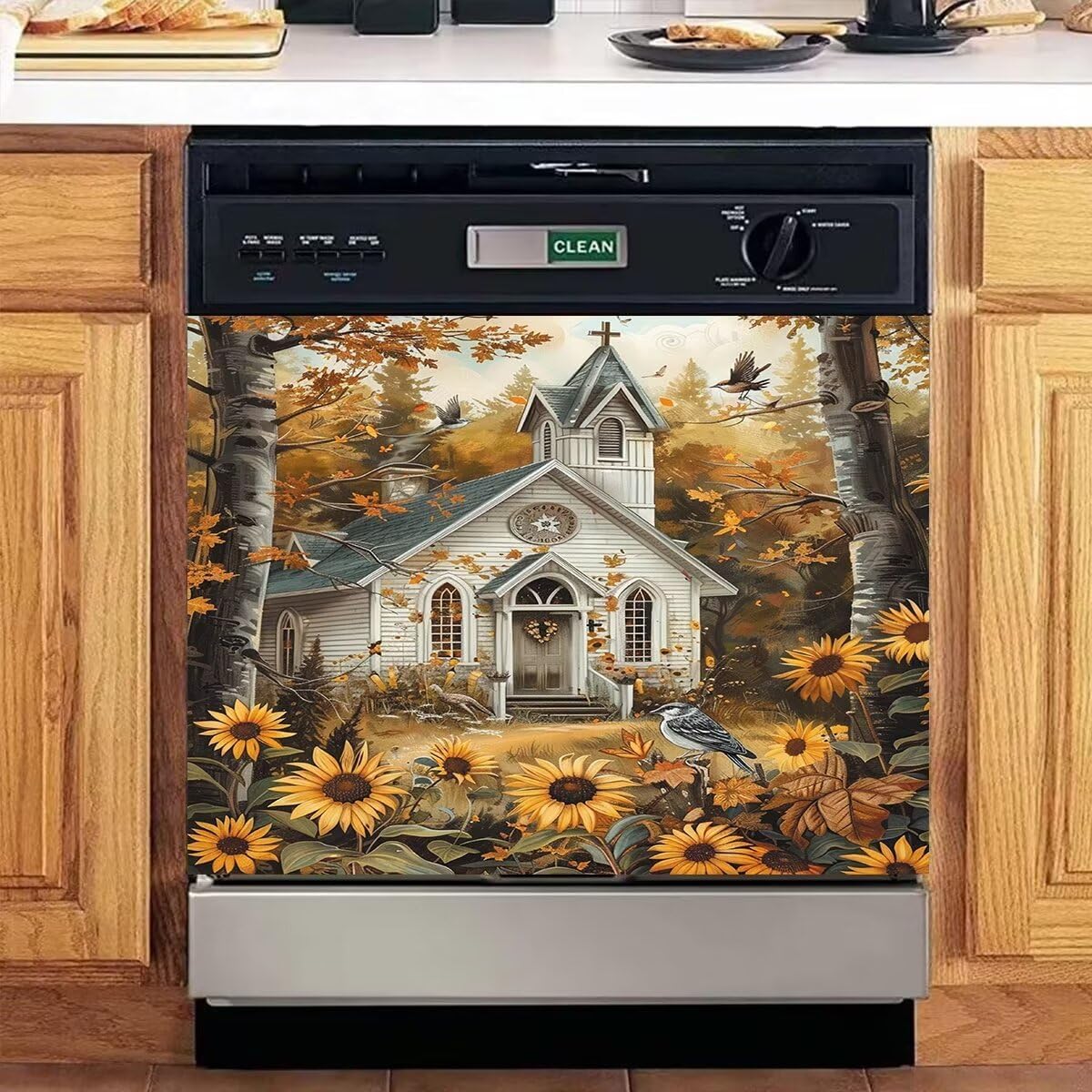 Vase Sunflower Dishwasher Magnetic Cover for Door Front, Birds Refrigerator Magnet Decor Sticker, Oil Painting Style Dishwasher Home Appliance Magnet Panel Decal (23" x 17" Magnetic)