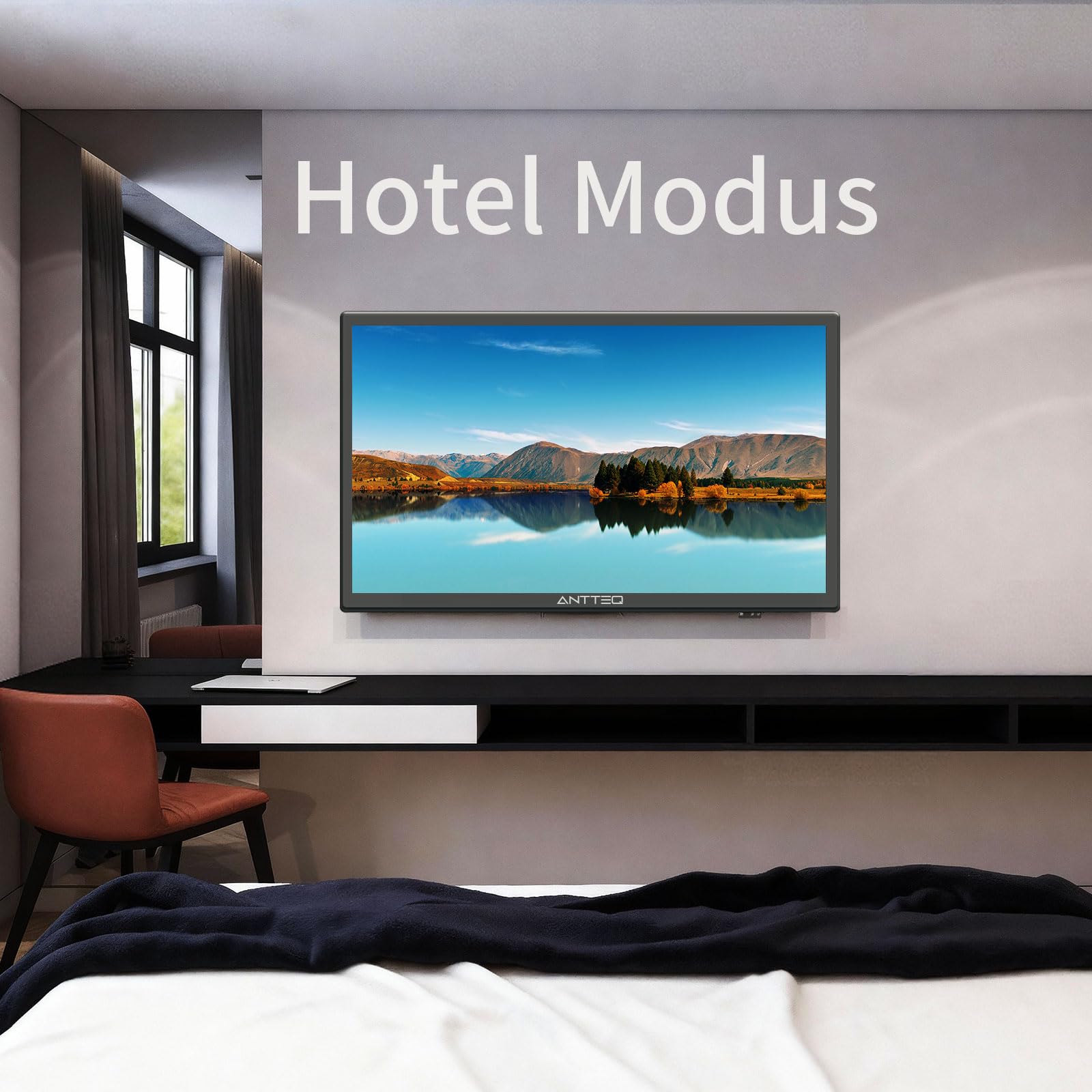 Antteq LED TV 22 Pollici (Televisore 55 cm) 2K D-LED con 12V, Triple Tuner DVB-C/T2/S2, Modalità Hotel, Audio Dolby, SCART & CI+ – Ideale per Camper, Campeggio e Hotel