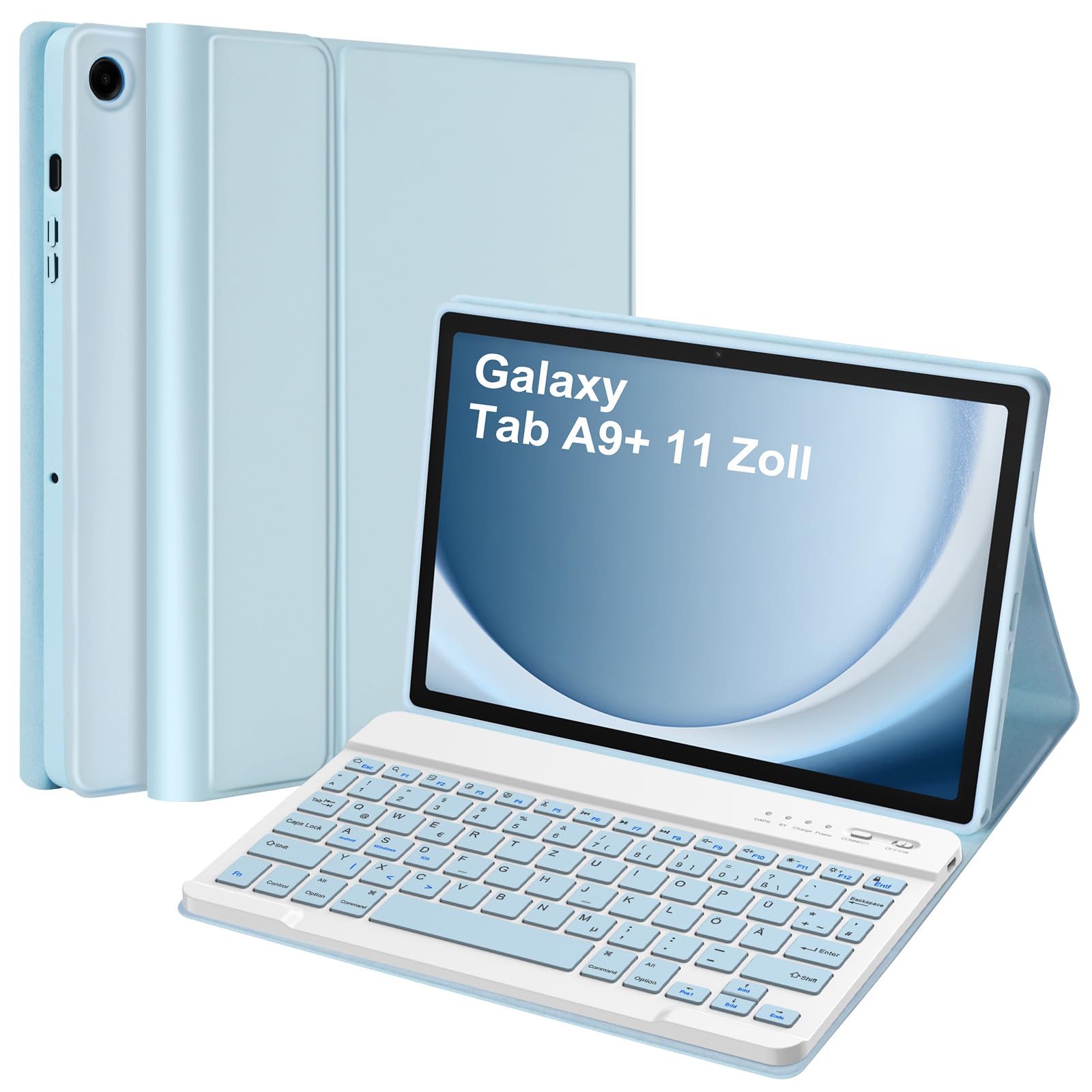 Tastatur Hülle für Samsung Galaxy Tab А9+ 11 Zoll 2023(SM-X210/X215/X216B), Schutzhülle mit Automatischer Schlaf- und Weckfunktion, Magnetisch Abnehmbarer Tastatur mit QWERTZ Layout (Hellblau)