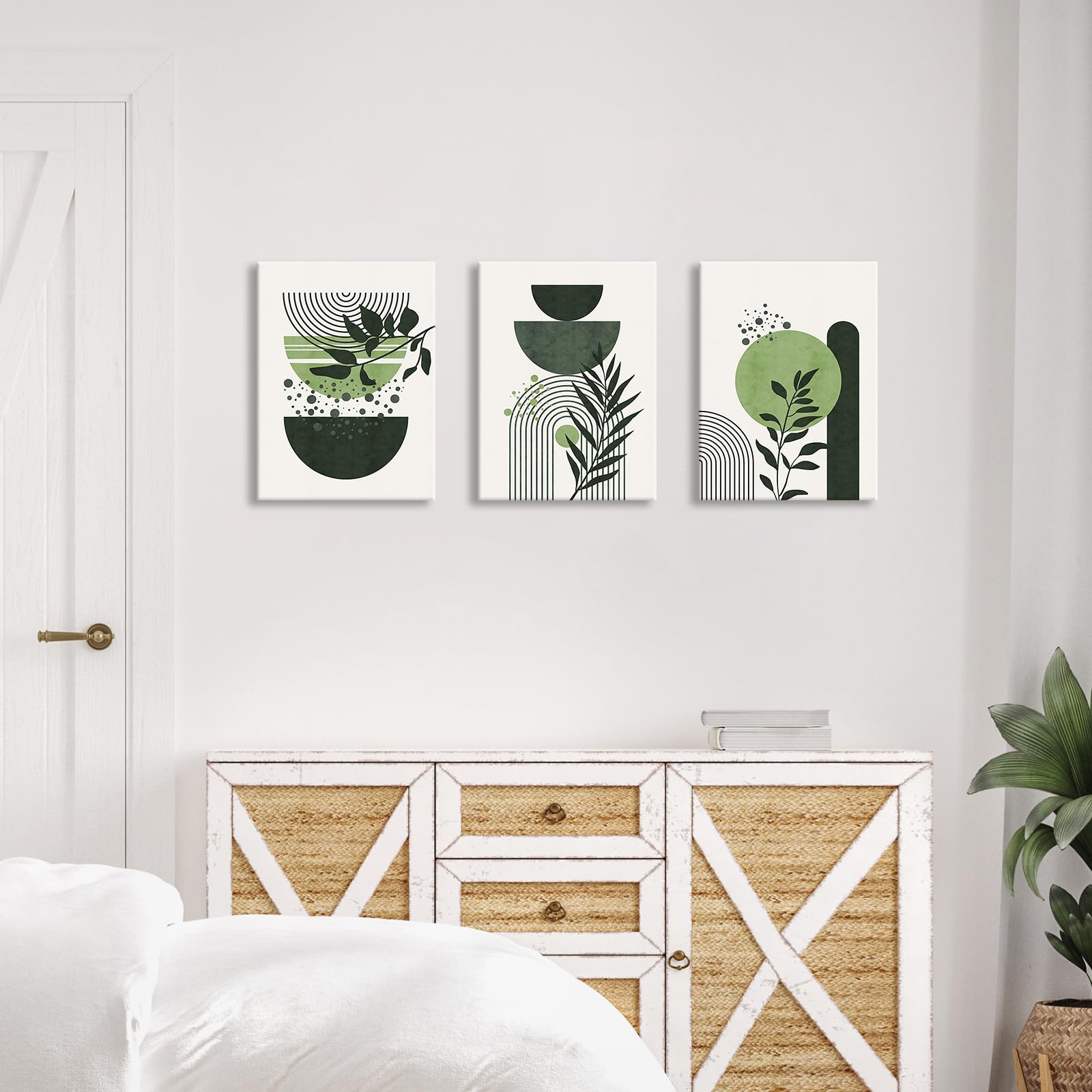 3 Pcs Wooden Framed Canvas Wall Art Set Bohemian Sage Green Canvas Prints Poster Geometric Line Beige Green Pictures for Living Room Bedroom Dinning Room Hallway Stairs Wall Decor 30x40cm x3pcs — view 315