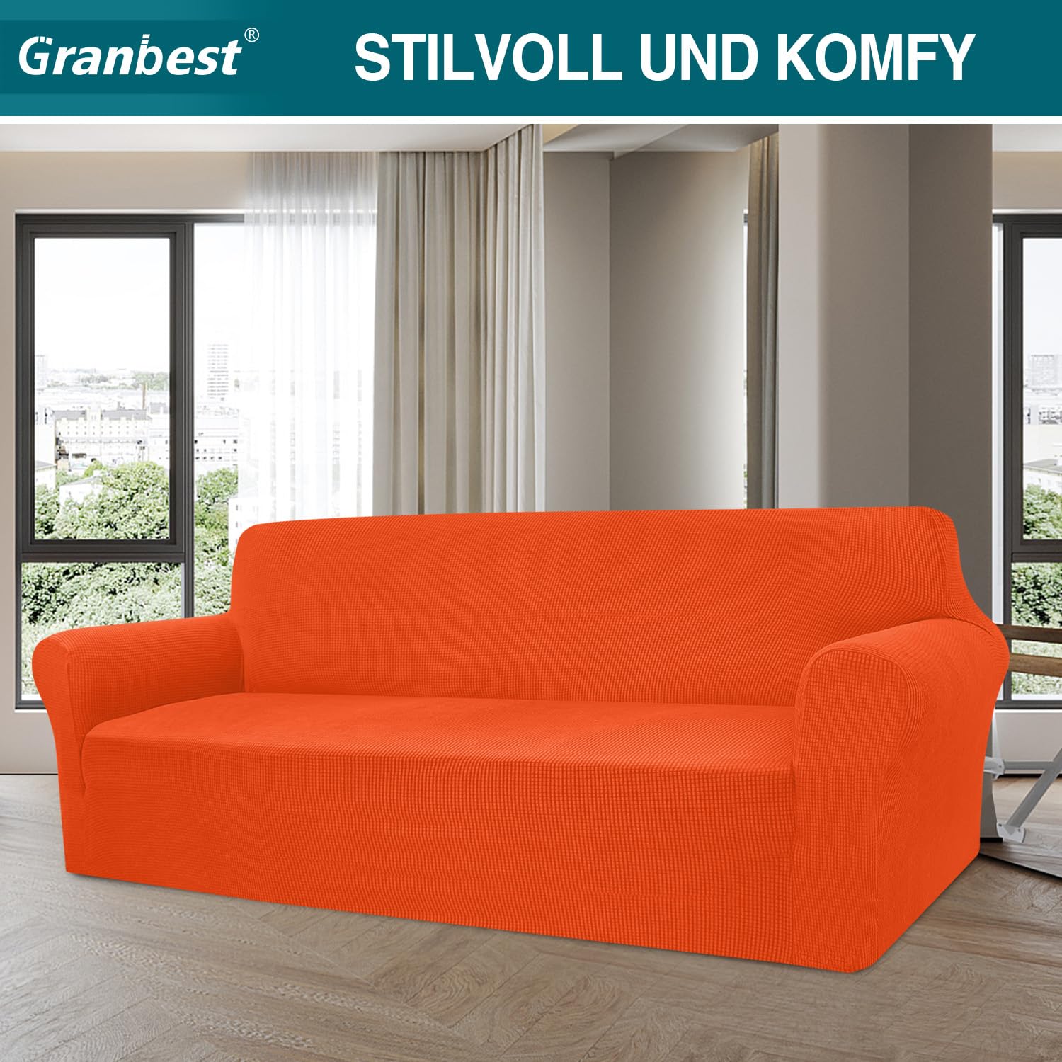Granbest - Copridivano altamente elasticizzato, moderno, jacquard, per soggiorno, protezione per cani e animali domestici, 4 posti, arancione
