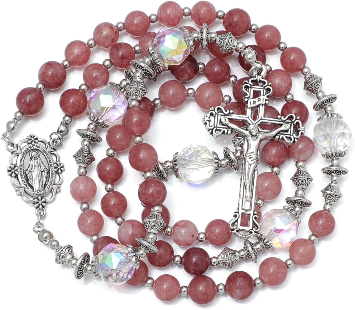 KOMI Gemstone Beads Rosary Catholic for Women 18K Gold Plated Rosaries Beads Necklace Christian Catholic Gifts