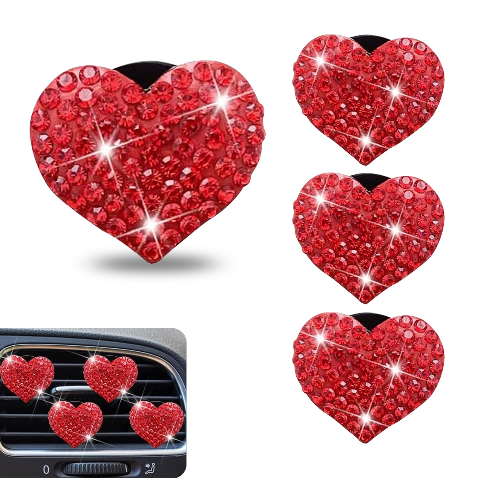 4 PCS Bling Car Air Conditioner Air Outlet Clip, 1.07" x 1.07" Creative Heart-shaped All-over Rhinestones Air Outlet Decoration Clip, Universal Fashion Accessories for Most Cars (Red)