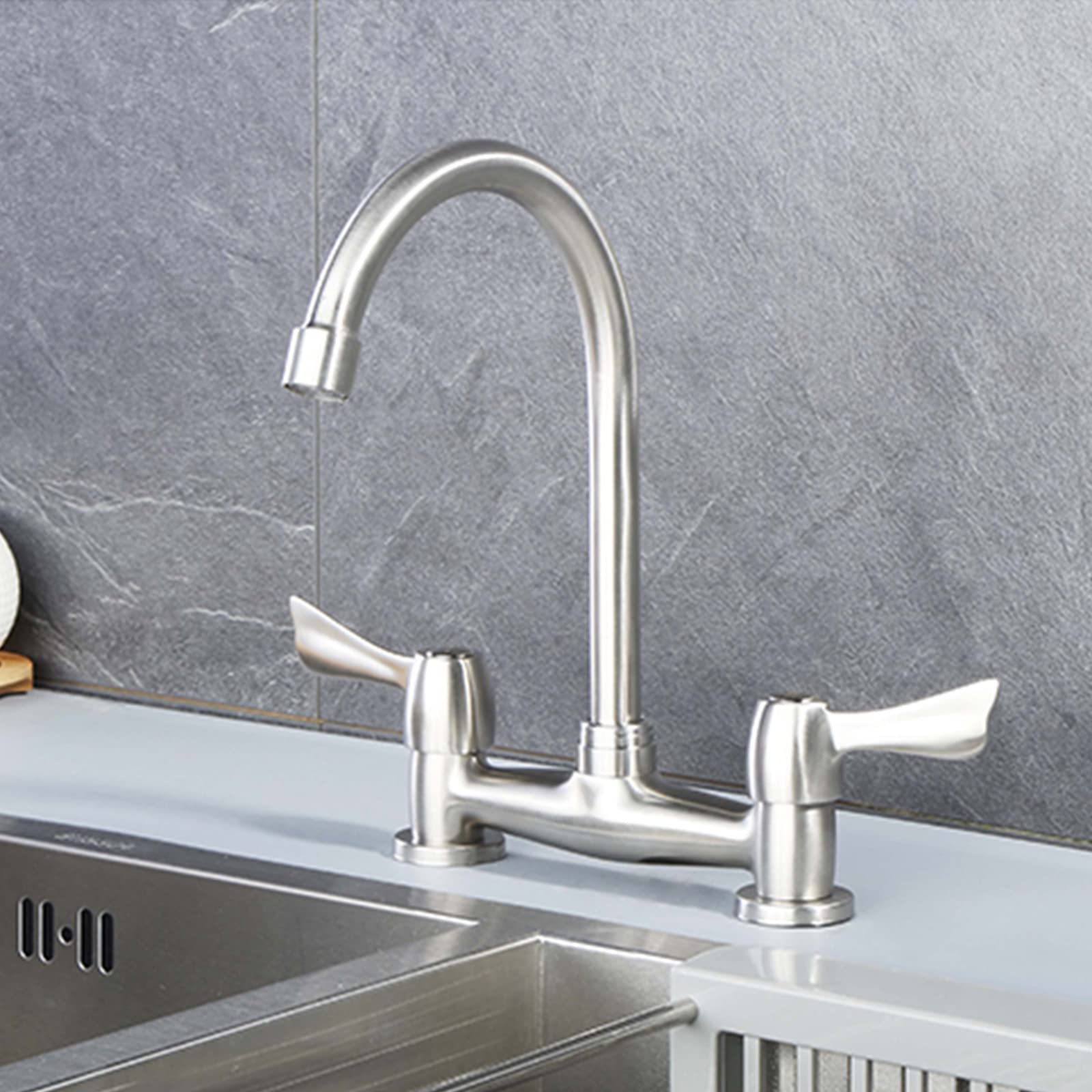 Robinet mitigeur de cuisine 360 en acier inoxydable double poignée nickel brossé