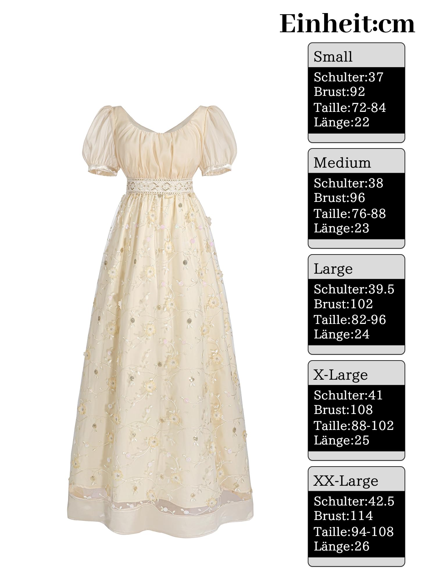 Regency Vestido de mujer maxi de estilo imperio con encaje y mangas abullonadas, vestido de noche vintage con guantes, elegante para bodas o fiestas