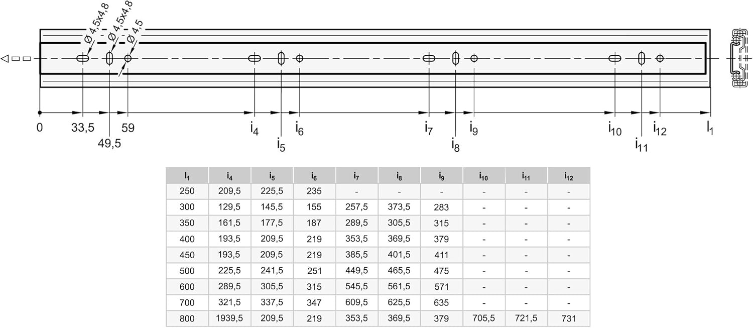 Technical drawing showing mounting hole dimensions for the inner rail