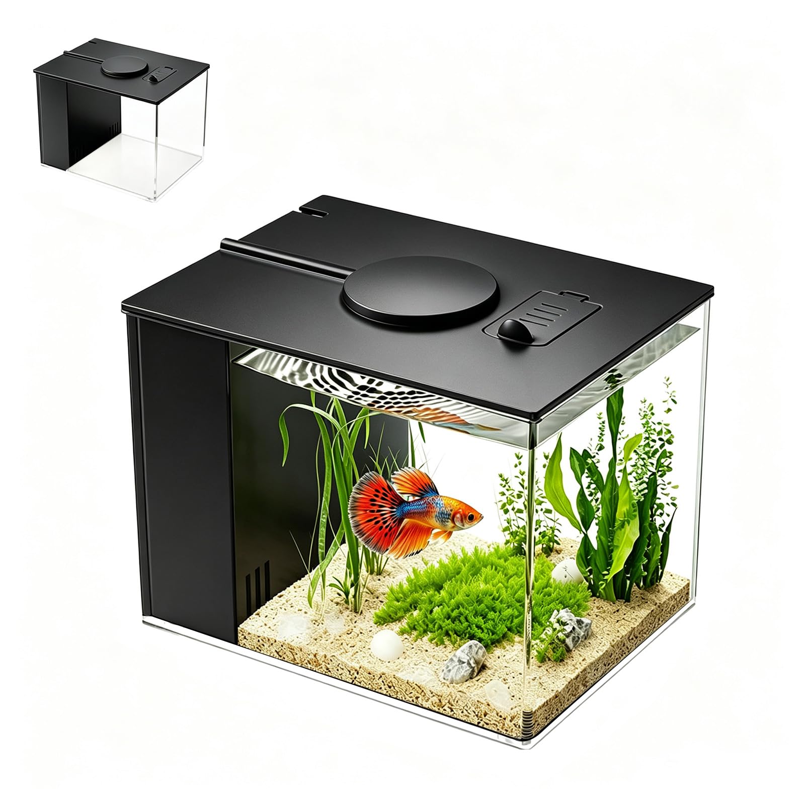 Petit aquarium complet en acrylique de 4,3 l avec pompe à filtre, éclairage LED, 20 x 15 x 15 cm, pour petits poissons de combat (noir)