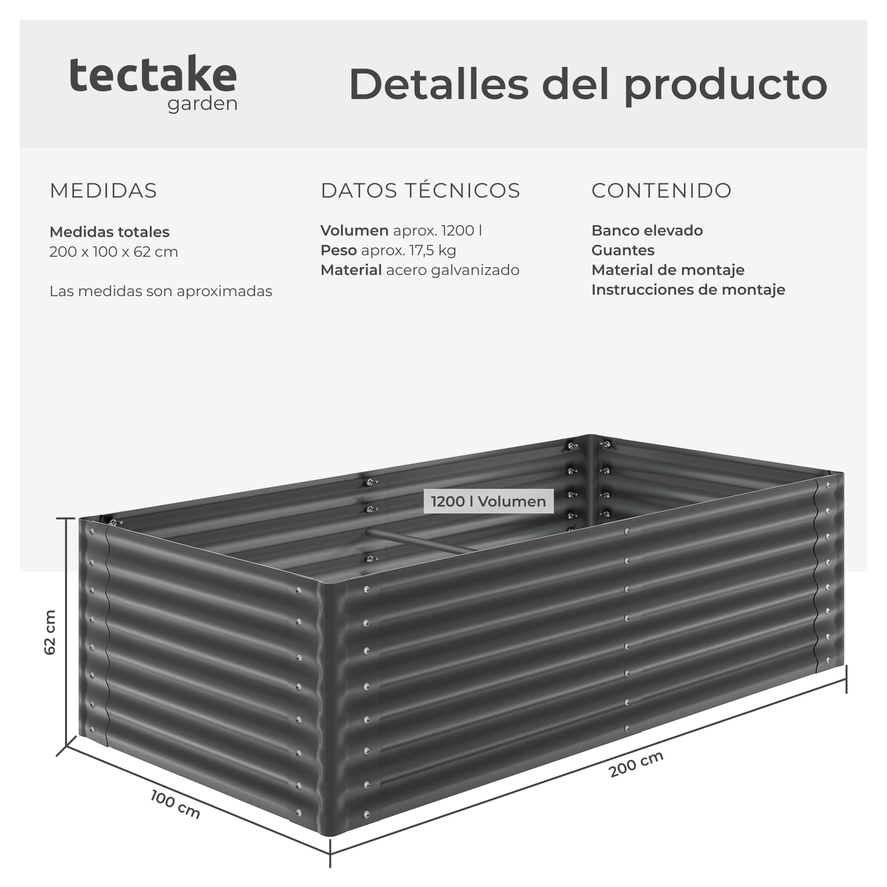 tectake® Bancal Elevado de 200 x 100 x 62 cm, 1200L, para Huerto Urbano, Jardineras Exterior Grandes, Maceteros Grandes Exterior, Jardin, Macetero Grande, con Guantes, Suelo Abierto, Malla Metalica