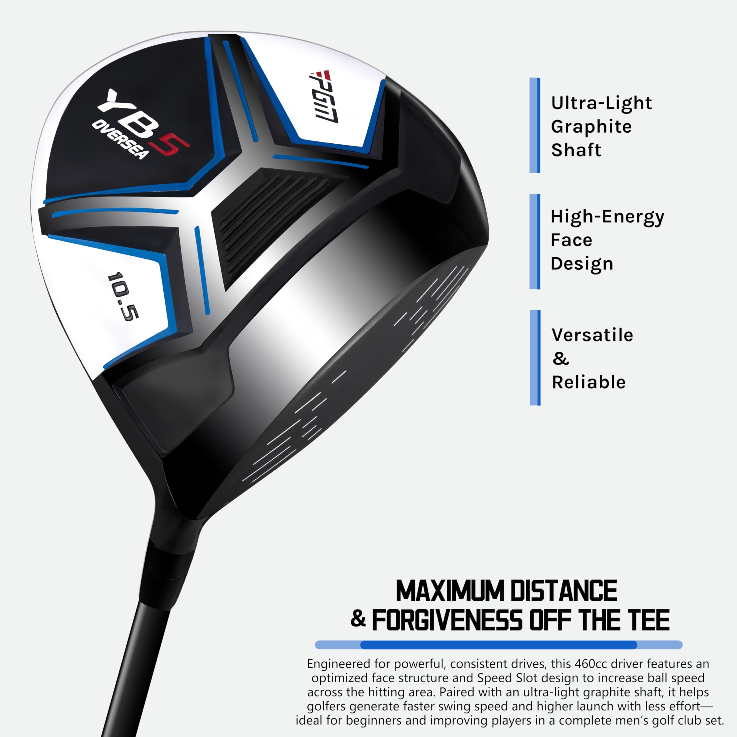PGM Ensemble complet de clubs de golf pour homme – 11 pièces – 2 bois (#1,3), 1 hybride (#4H), 7 fers (#5,6,7,8,9,PW,SW), 1 putter – Sac de golf pour droitier – Idéal pour les débutants